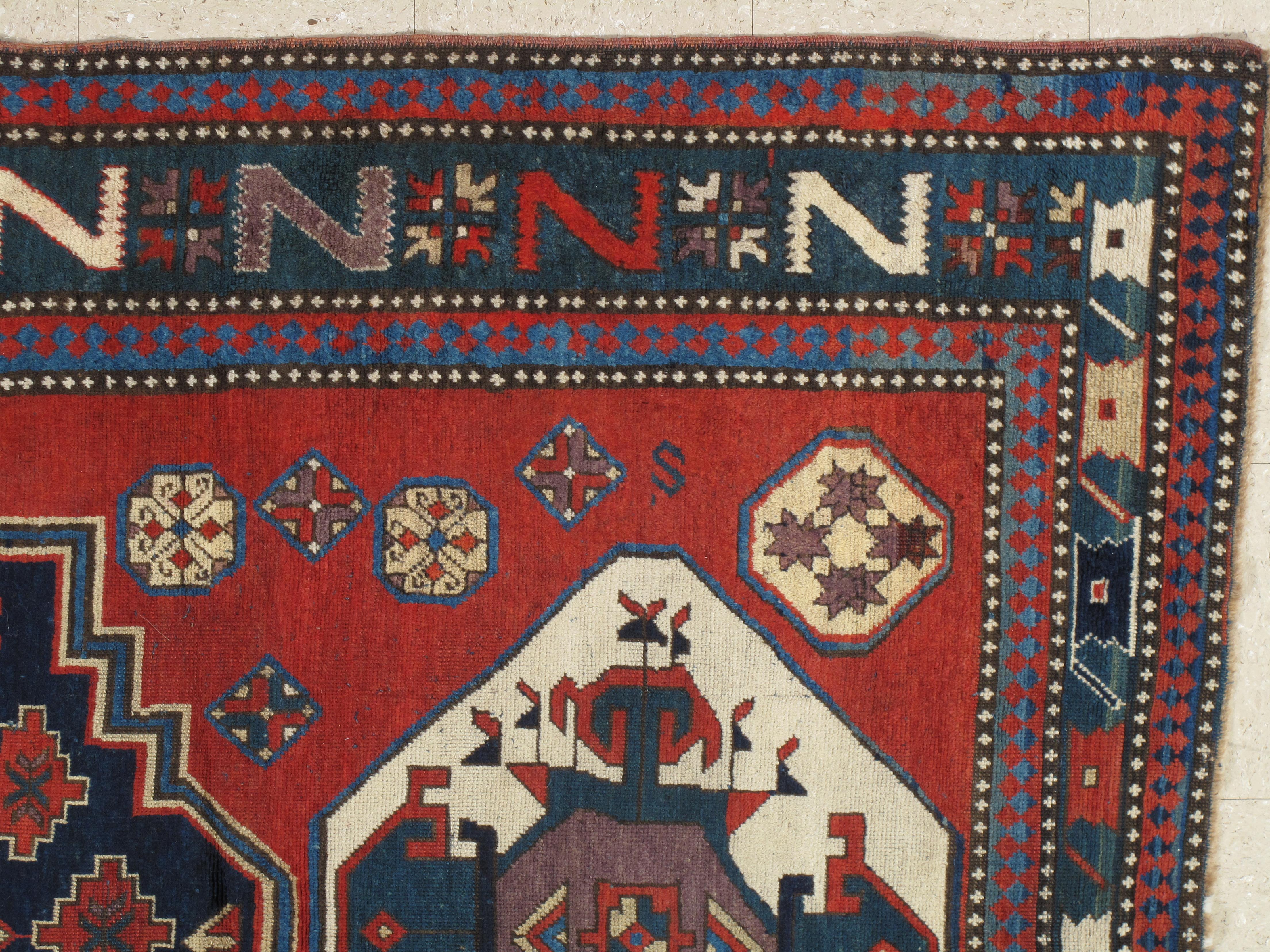 Russian Antique Kazak Carpet, Handmade Wool, Rust, Ivory, Navy, Light Blue and Geometric For Sale