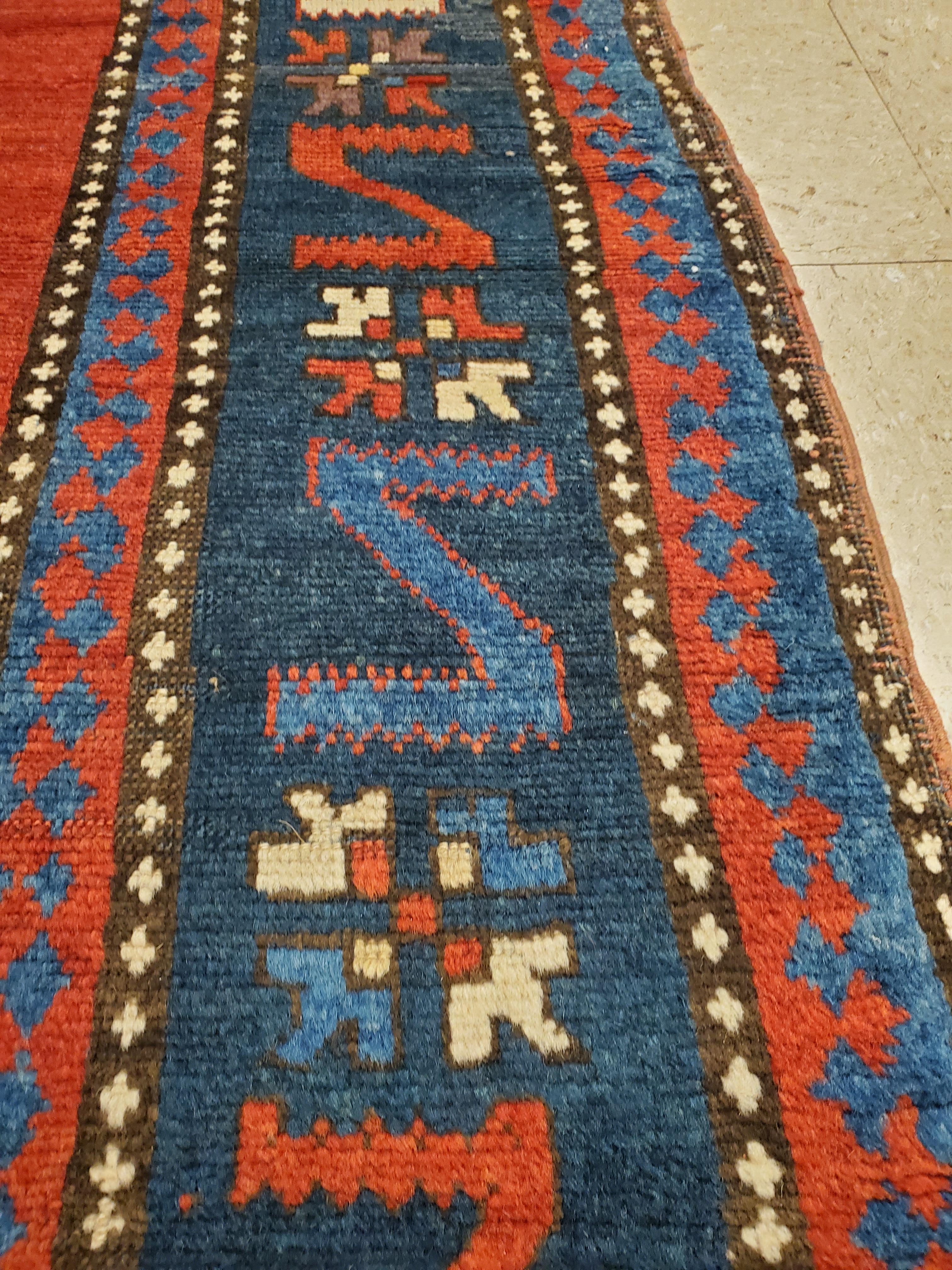 Antique Kazak Carpet, Handmade Wool, Rust, Ivory, Navy, Light Blue and Geometric For Sale 2