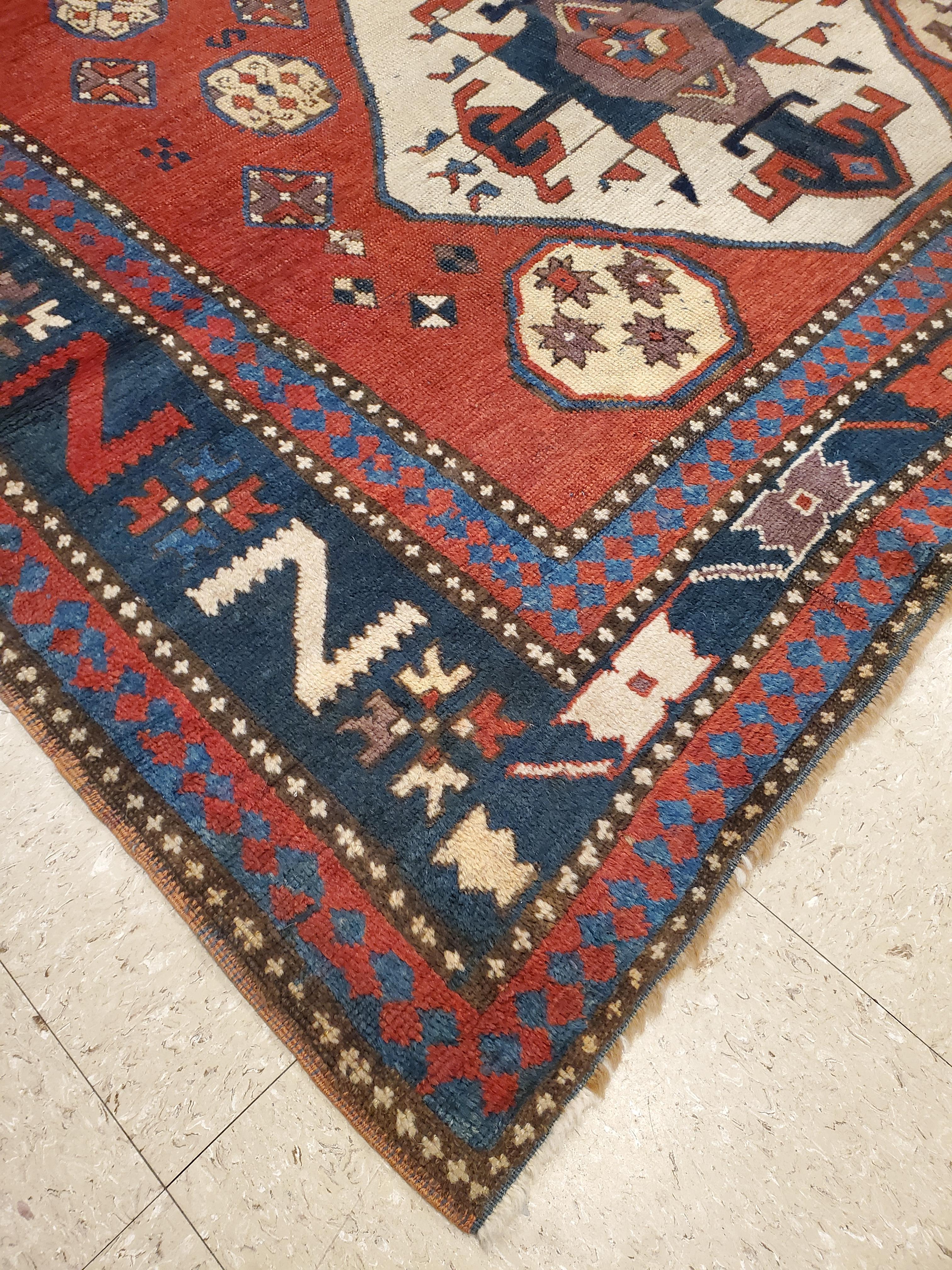 Antique Kazak Carpet, Handmade Wool, Rust, Ivory, Navy, Light Blue and Geometric For Sale 3