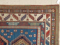 Antique Kazak Carpet, Handmade Wool, Rust, Ivory, Navy, Light Blue and Gold