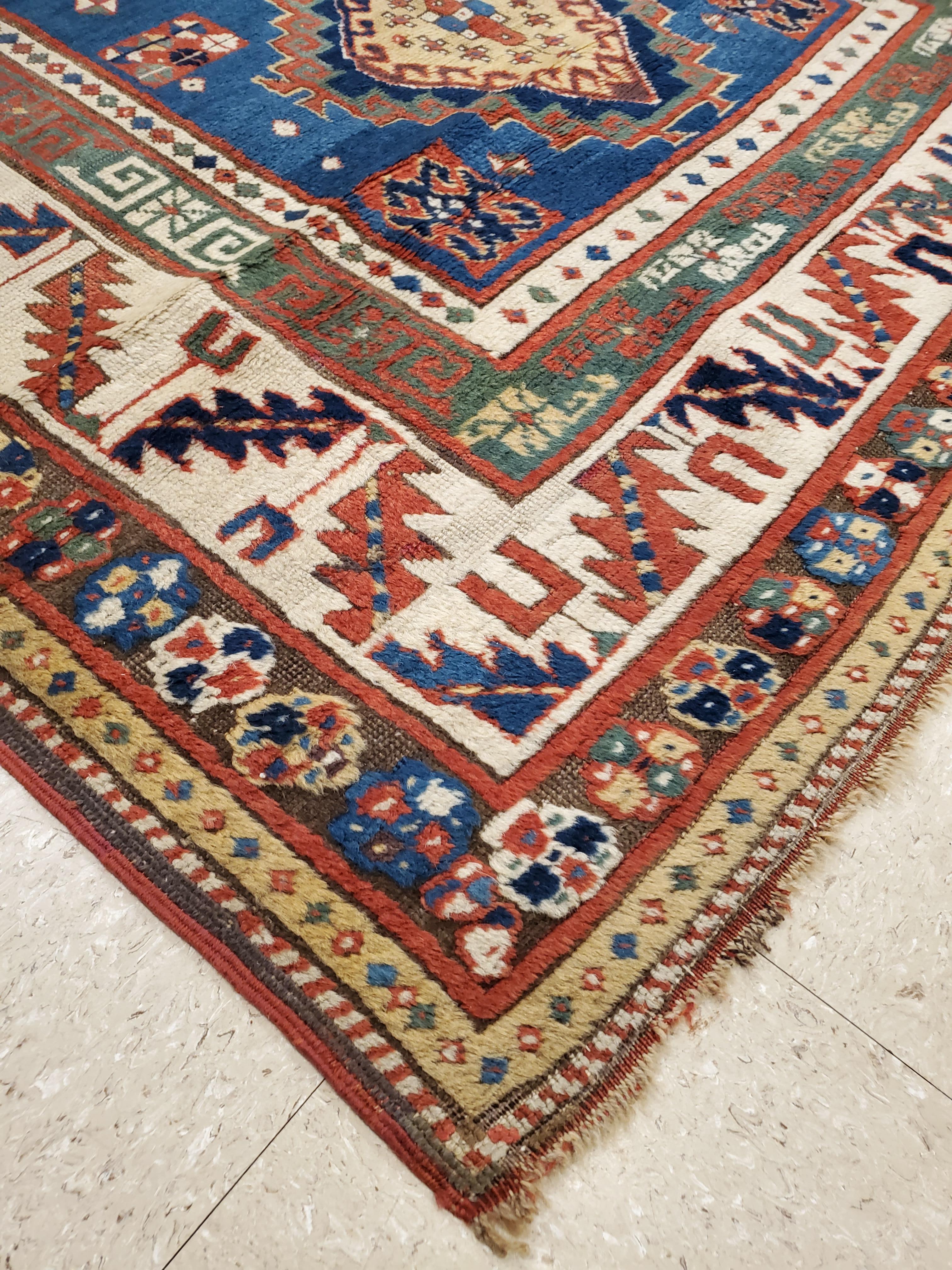 Kazakh Tapis Kazak ancien, laine faite à la main, rouille, ivoire, bleu marine, bleu clair et or en vente