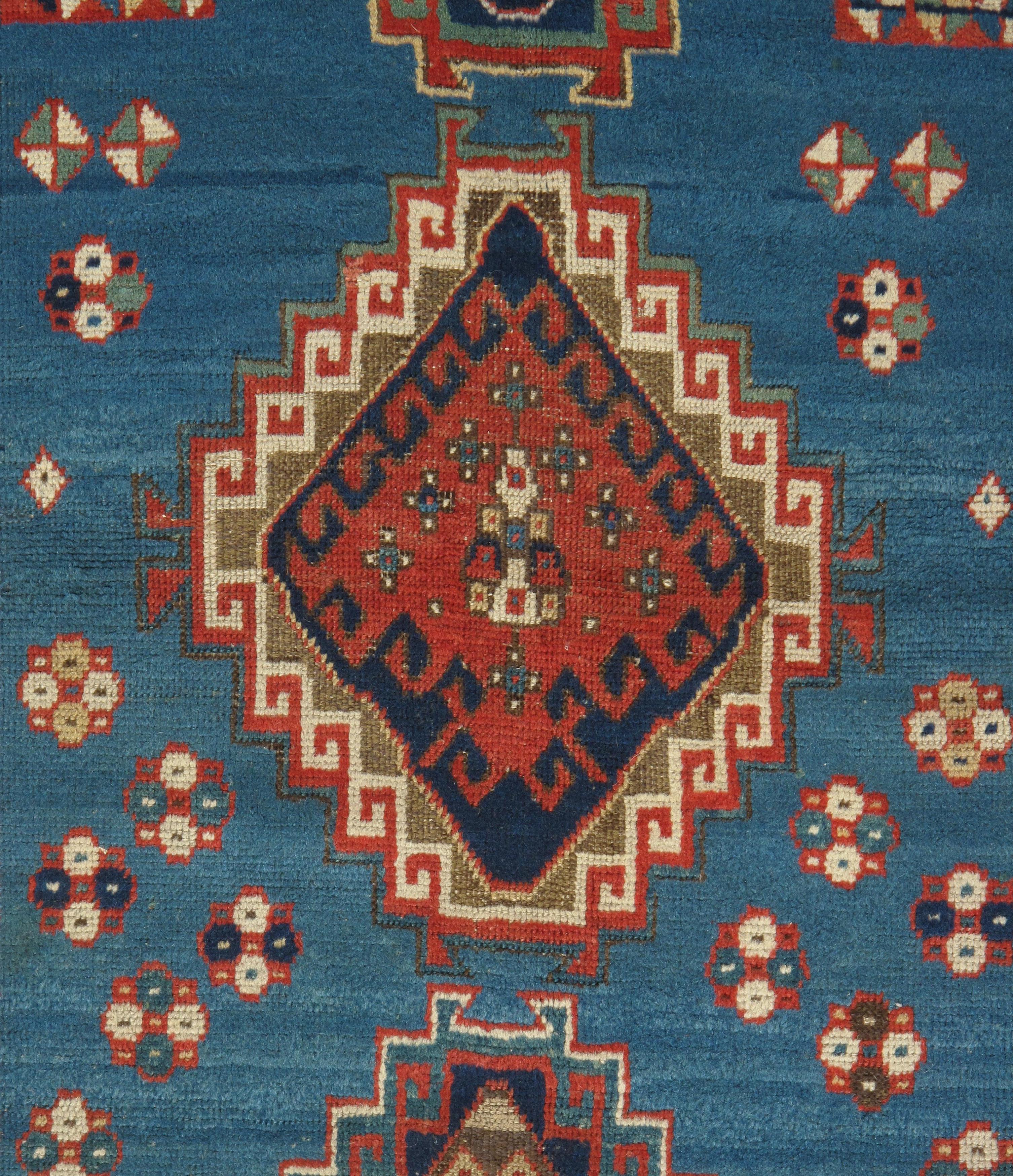 Russian Antique Kazak Carpet, Handmade Wool, Rust, Ivory, Navy, Light Blue and Gold For Sale