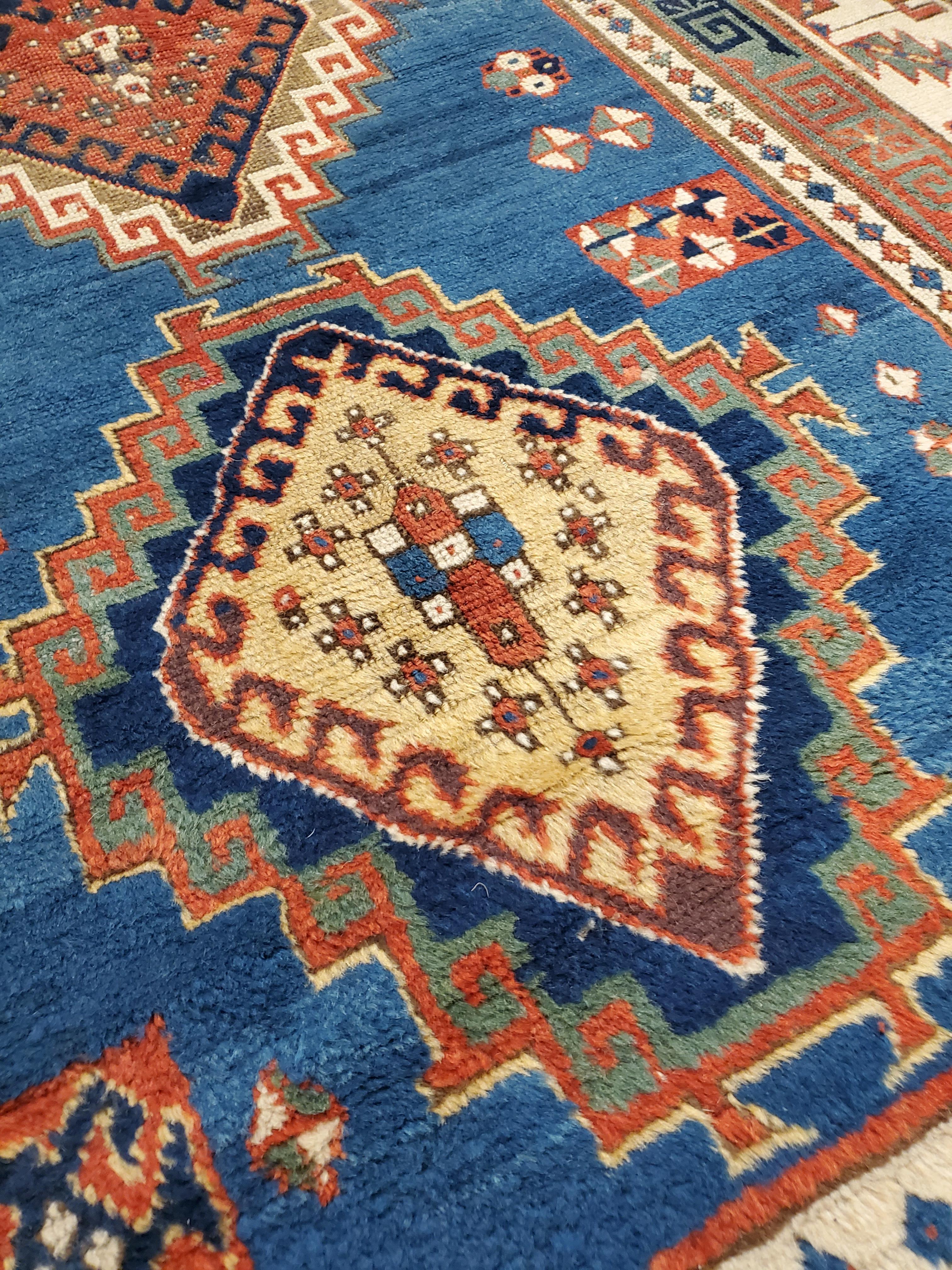Hand-Knotted Antique Kazak Carpet, Handmade Wool, Rust, Ivory, Navy, Light Blue and Gold For Sale