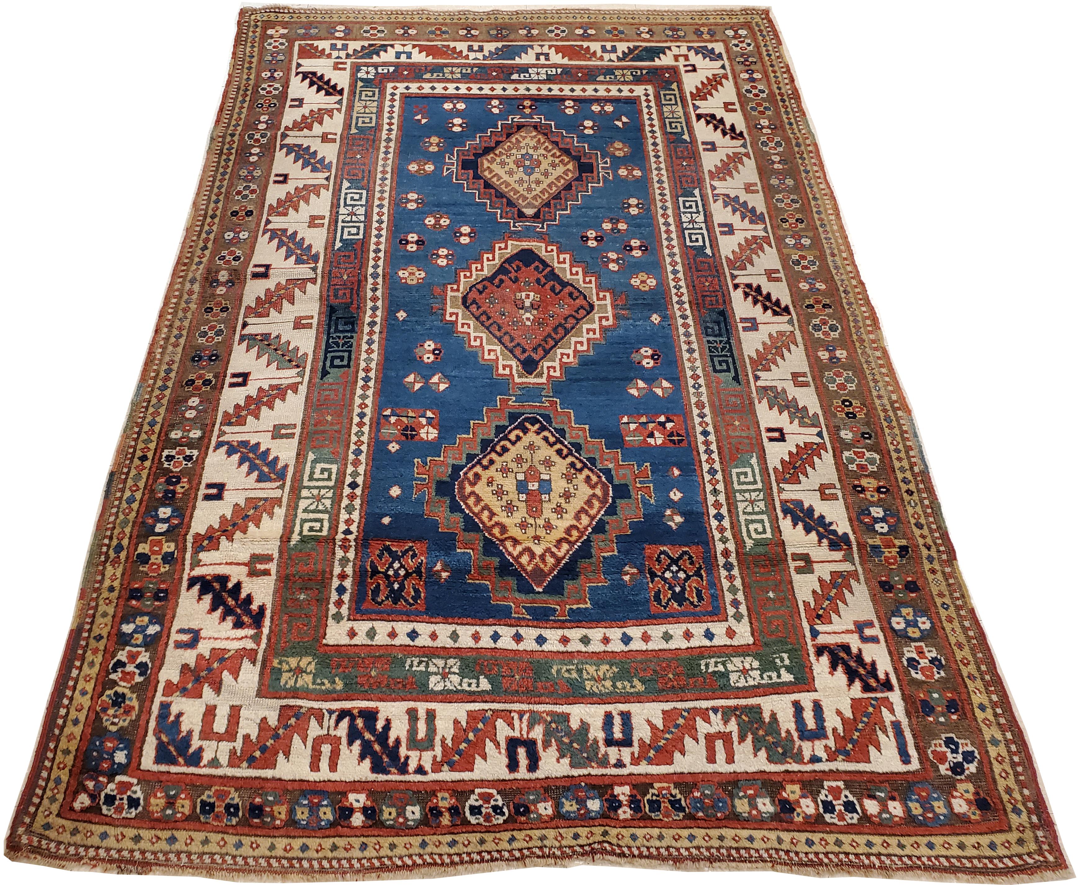 Antique Kazak Carpet, Handmade Wool, Rust, Ivory, Navy, Light Blue and Gold In Good Condition For Sale In Port Washington, NY