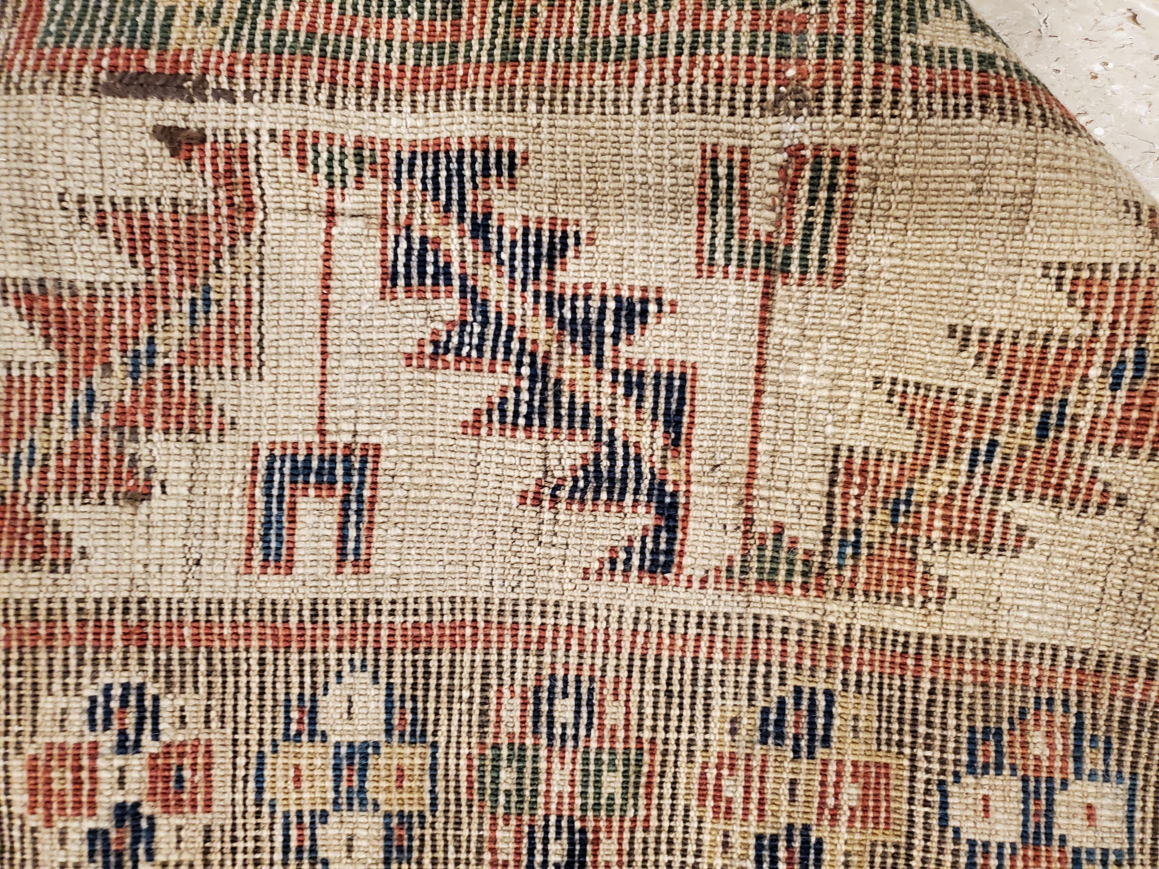 19th Century Antique Kazak Carpet, Handmade Wool, Rust, Ivory, Navy, Light Blue and Gold For Sale