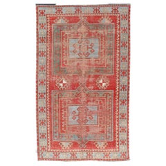 Antique Kazak Caucasian Distressed Rug with Geometric Double Medallion Design 