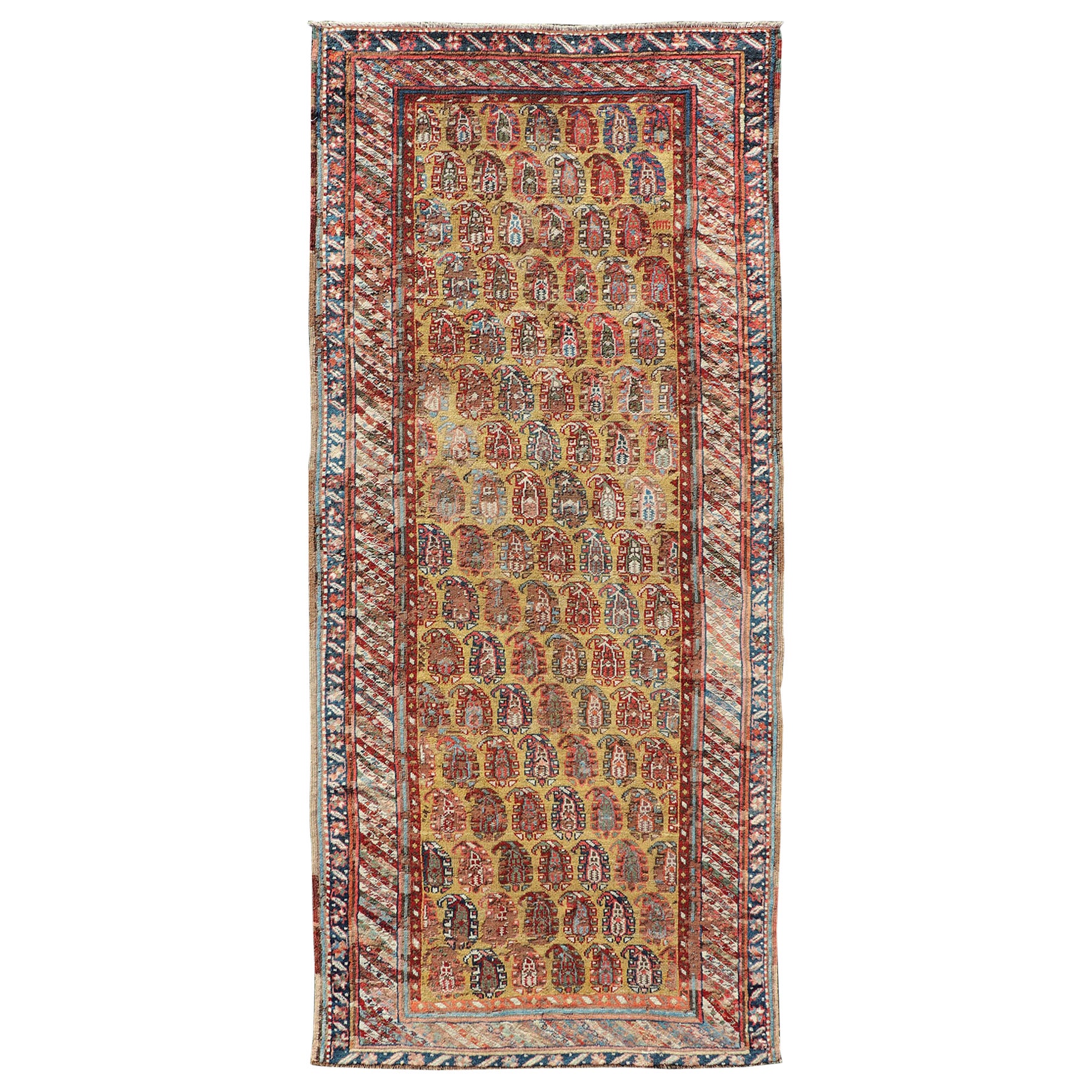 Antique Kazak Caucasian Short Runner with Paisley Design On Gold Background For Sale