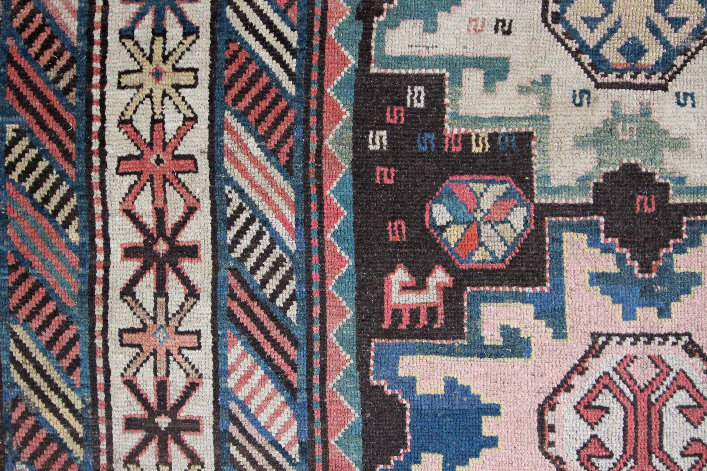 Hand-Woven Antique Kazak Kelleh Rug, Caucasian Rug For Sale