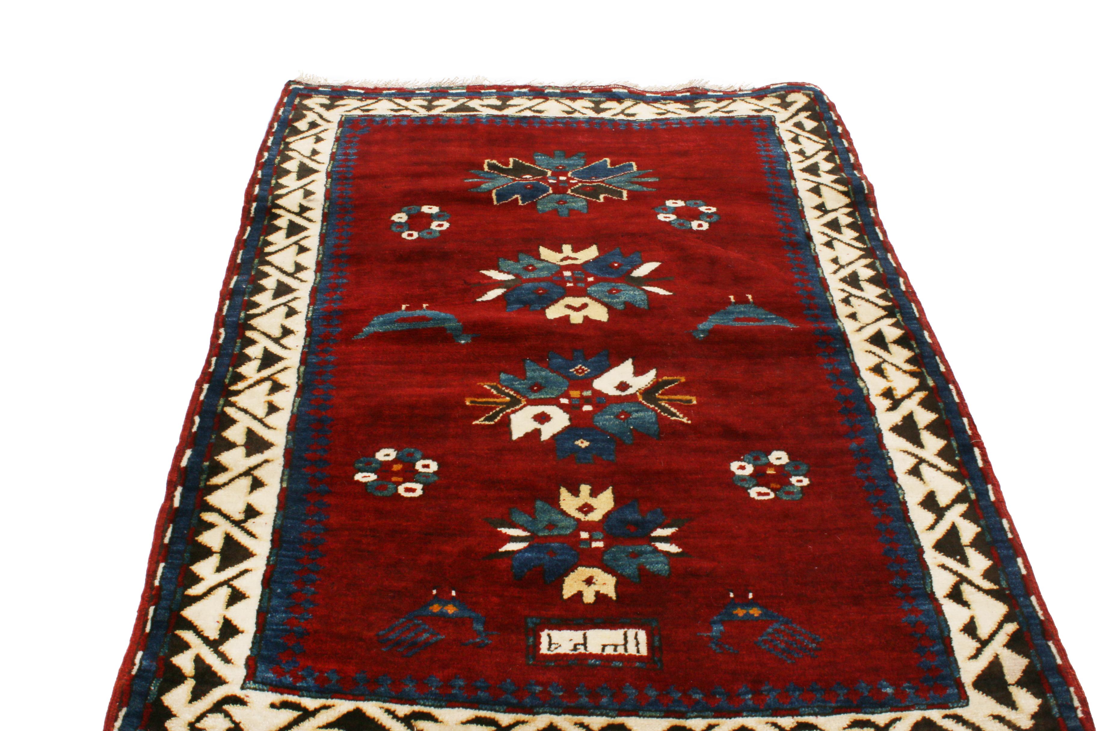 European Antique Kazak Red and Royal Blue Wool Rug
