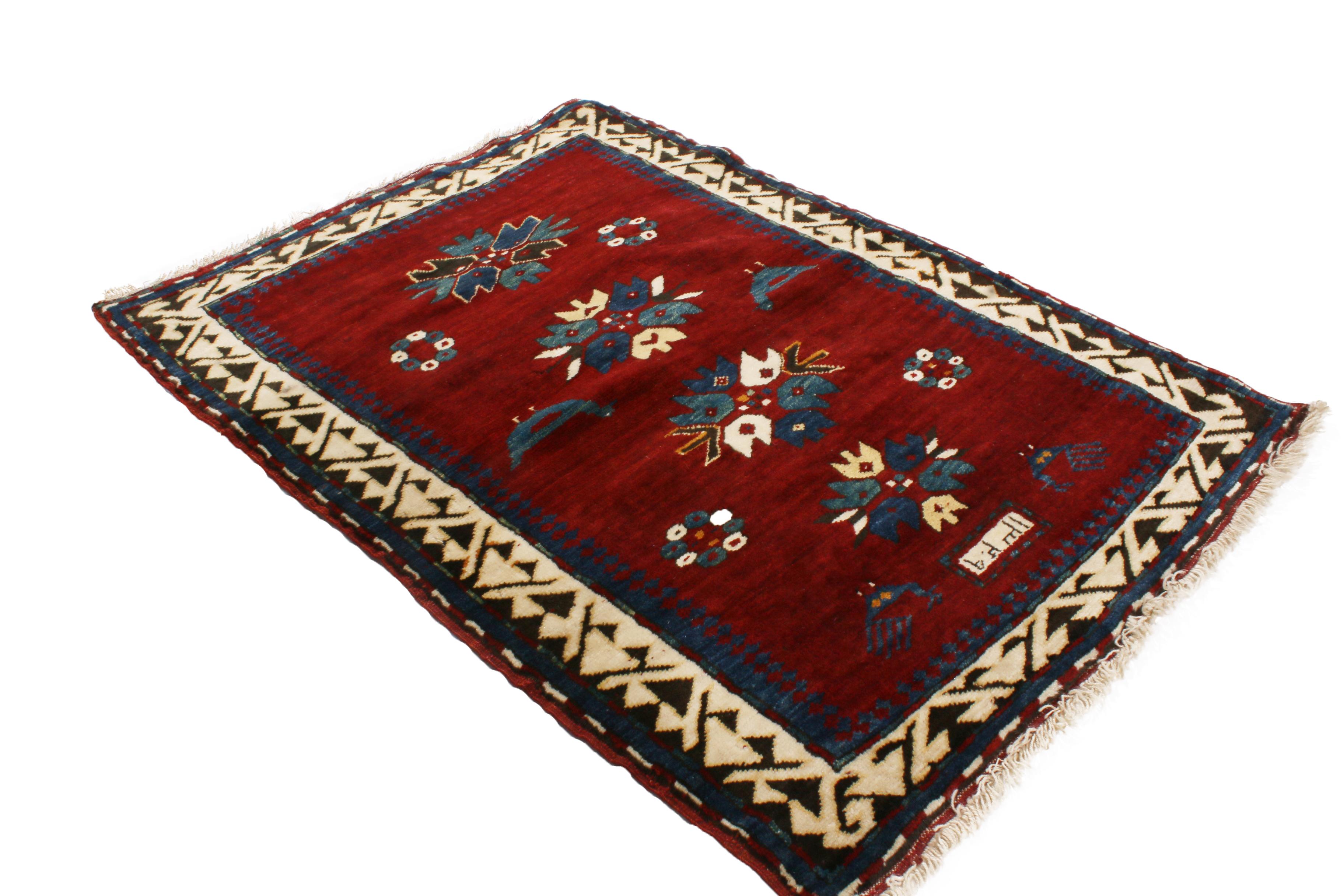 Hand-Knotted Antique Kazak Red and Royal Blue Wool Rug