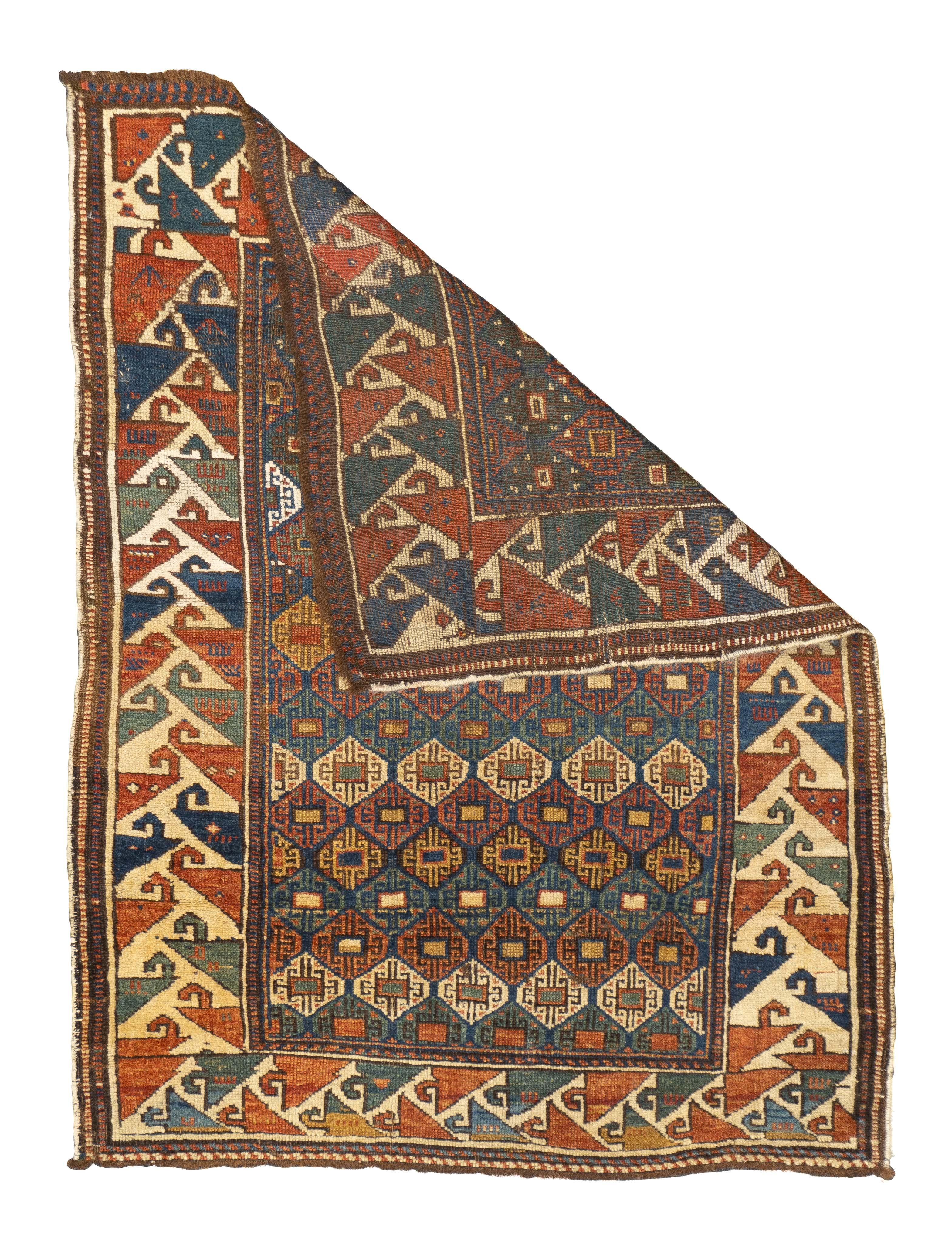 Antique Kazak Rug 3'1'' x 4'3''. SW Caucasus/Armenia. Boldly patterned, strongly colored, totally geometric, all wool, coarse to moderate weave, medium to long pile, scatter format pieces, in medallion, allover and prayer (directional) layouts, with