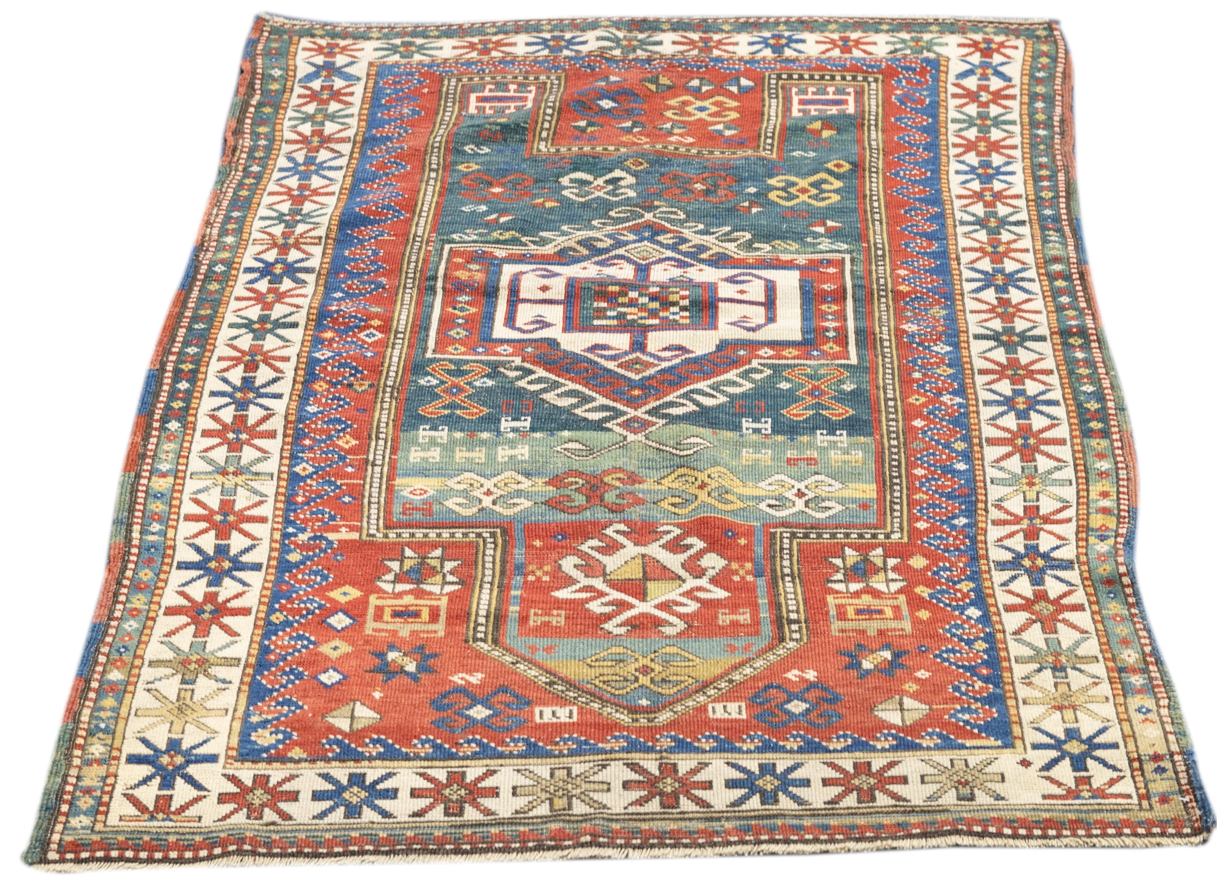 Laine Tapis Kazak ancien 3'4'' x 5'2'' en vente