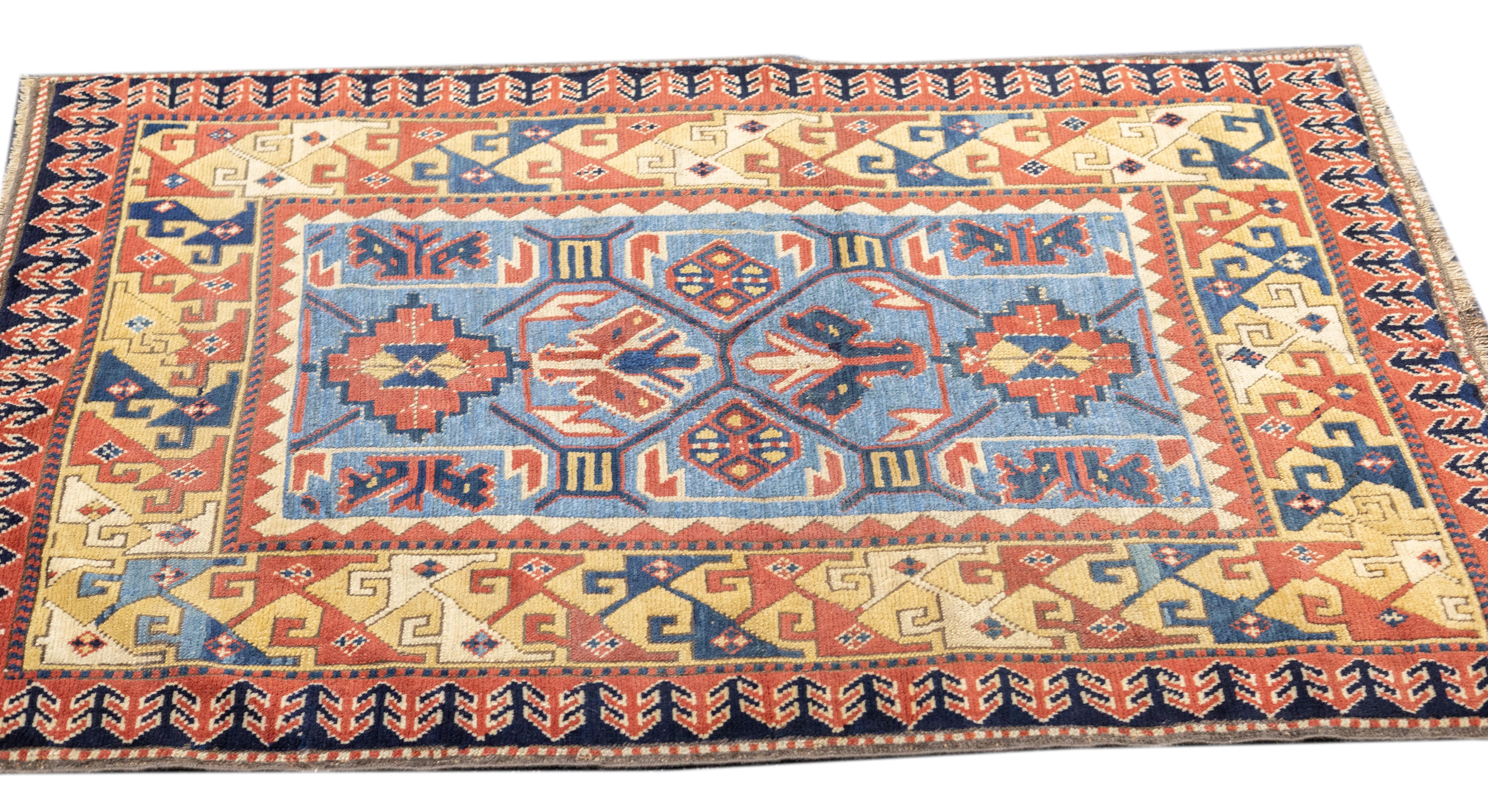 Laine Tapis Kazak ancien 3'5'' x 5'2'' en vente