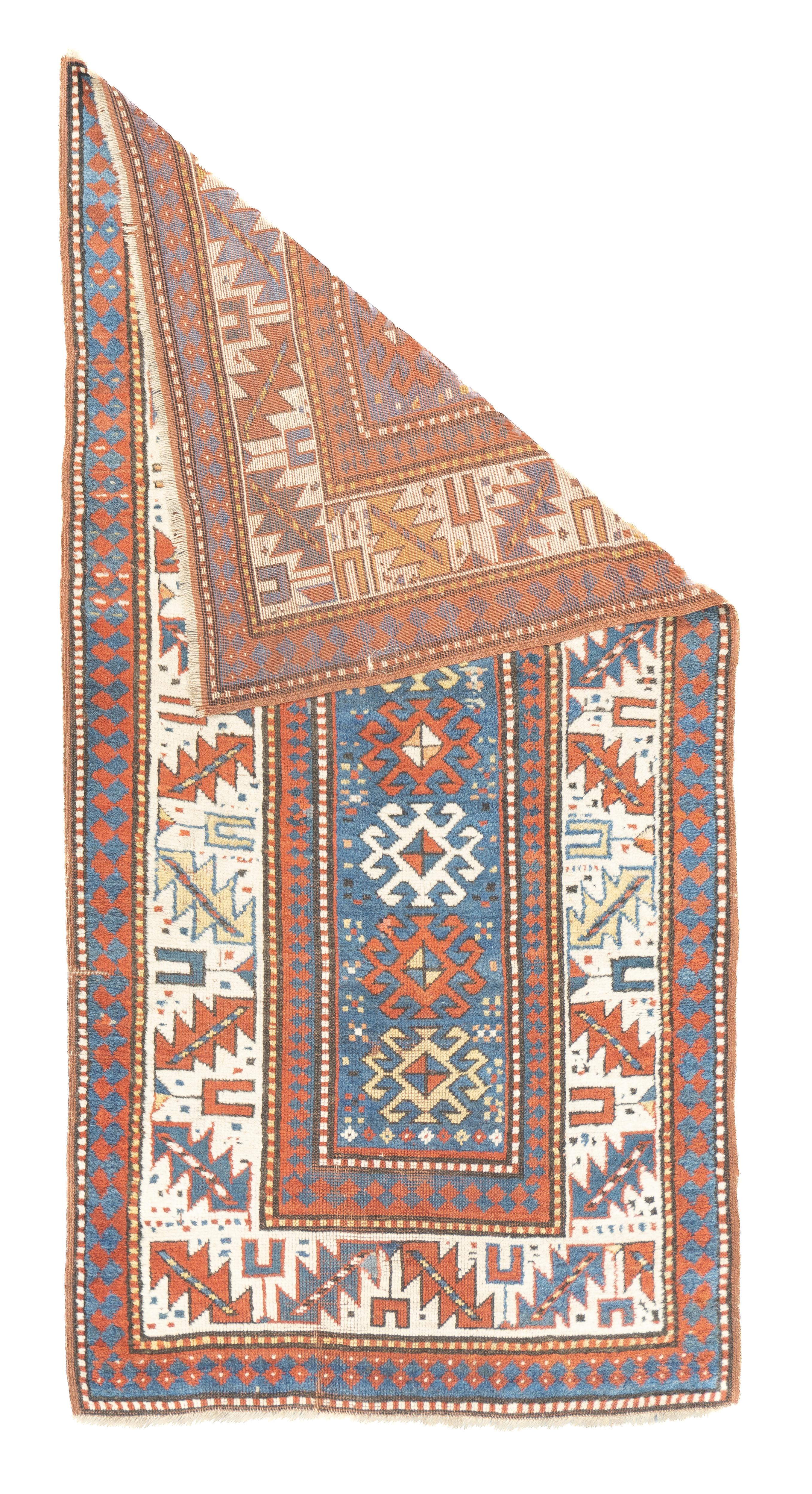 Antique Kazak Rug 3'7'' x 6'9''. This thick pile, moderately coarsely woven SW Caucasian scatter presents seven rust and ecru hooked diamonds on an abrashed light-medium blue narrow field. Main bold strip style border with a colorful calyx and