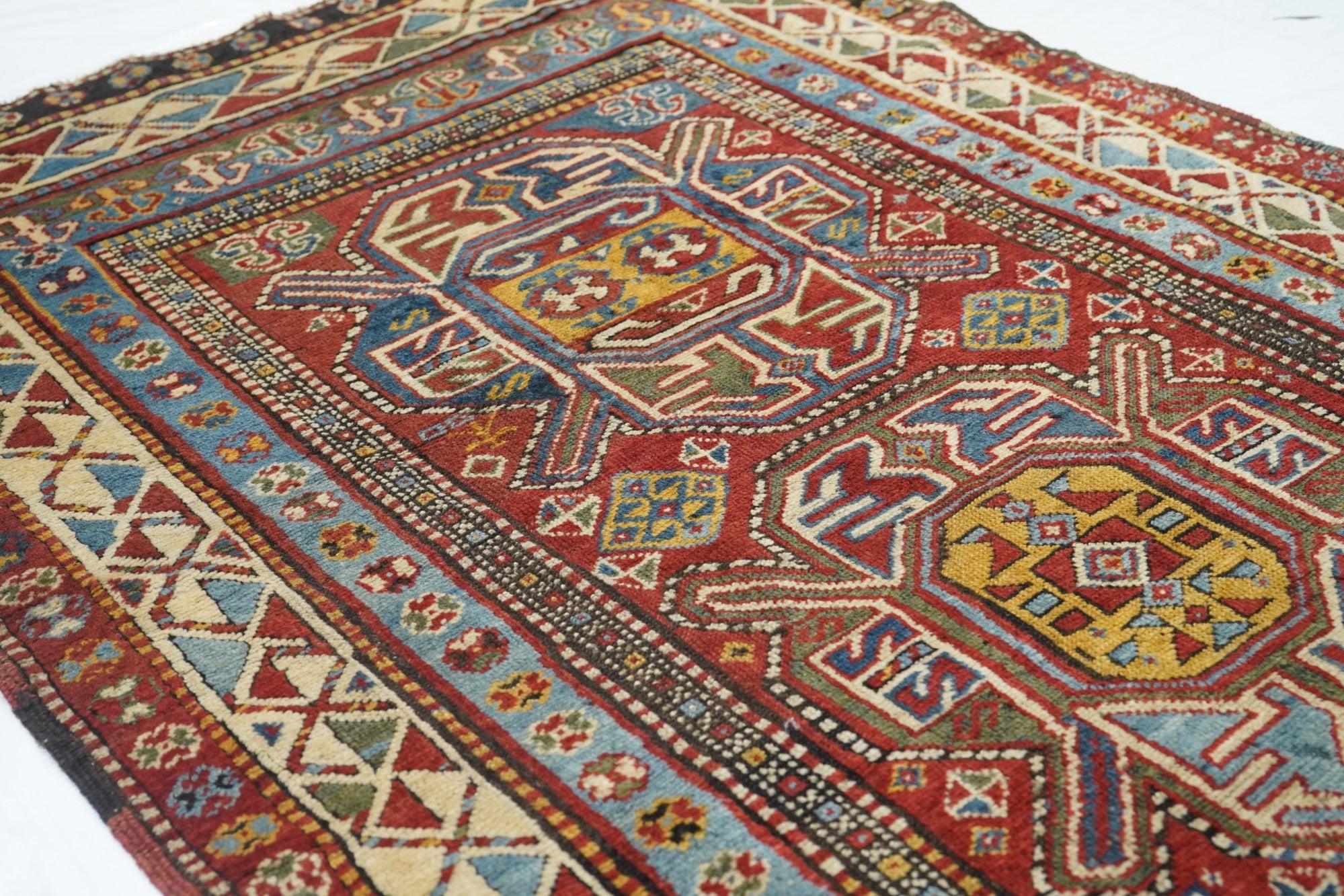 19th Century Antique Kazak Rug 4'0'' x 5'10'' For Sale