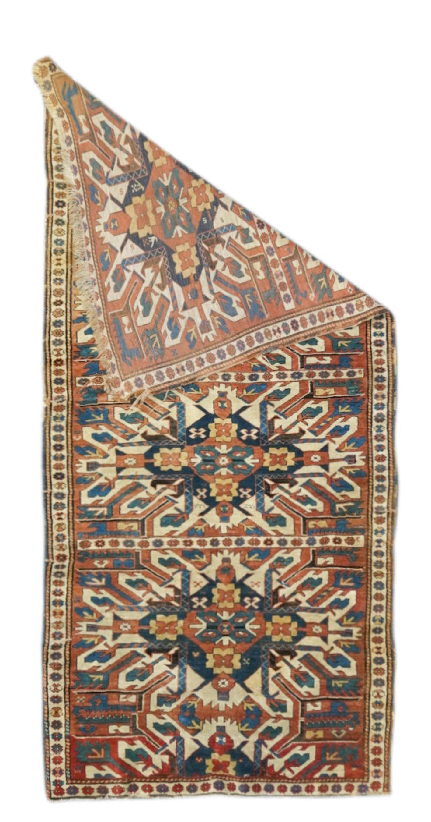 Antique Kazak Rug 4'3'' x 8'10''. SW Caucasus/Armenia. Boldly patterned, strongly colored, totally geometric, all wool, coarse to moderate weave, medium to long pile, scatter format pieces, in medallion, allover and prayer (directional) layouts,