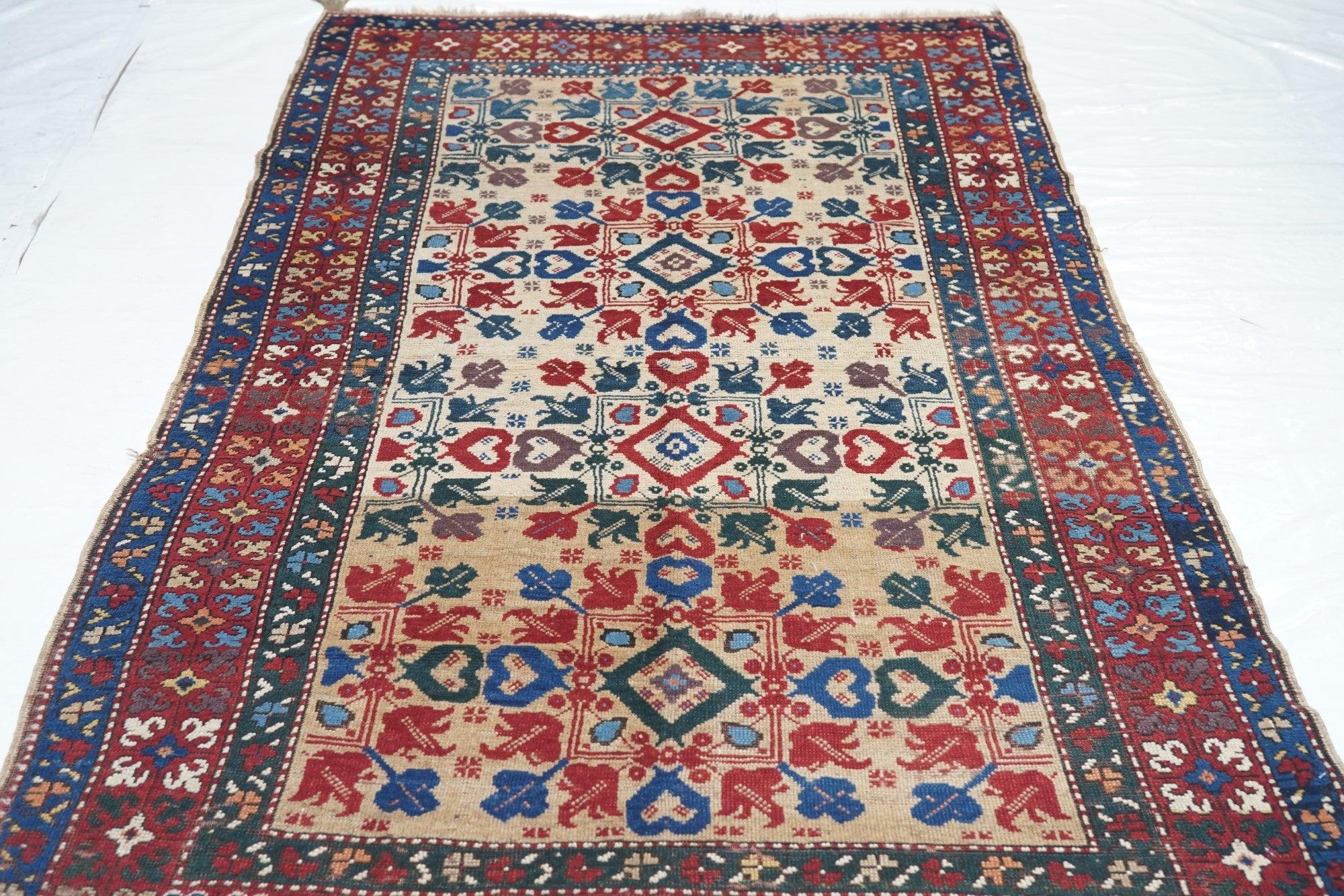 Antique Kazak Rug 4'4'' x 7'7'' For Sale 1
