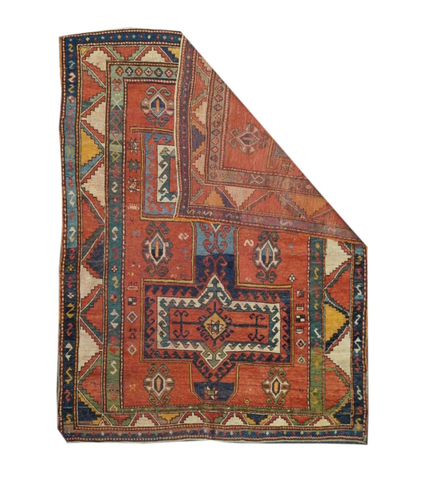 Antique Kazak Rug 5'3'' x 7'2''.  SW Caucasus/Armenia. Boldly patterned, strongly colored, totally geometric, all wool, coarse to moderate weave, medium to long pile, scatter format pieces, in medallion, allover and prayer (directional) layouts,
