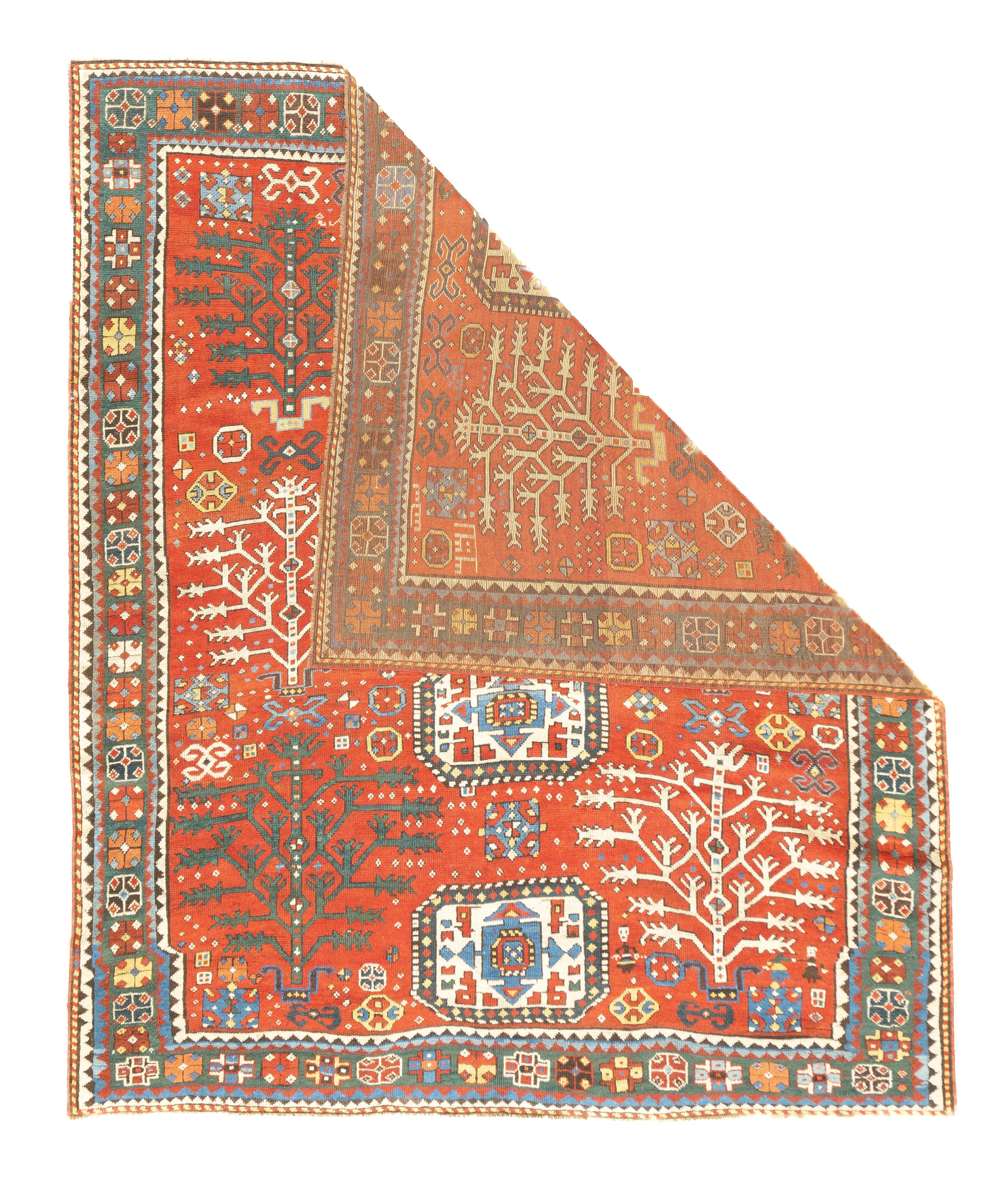Tapis Kazak antique 6'4'' x 7'5''. Caucase du Sud-Ouest/Arménie. Motifs audacieux, fortement colorés, totalement géométriques, entièrement en laine, tissage grossier à moyen, poils moyens à longs, pièces de format dispersé, en médaillon, allover et