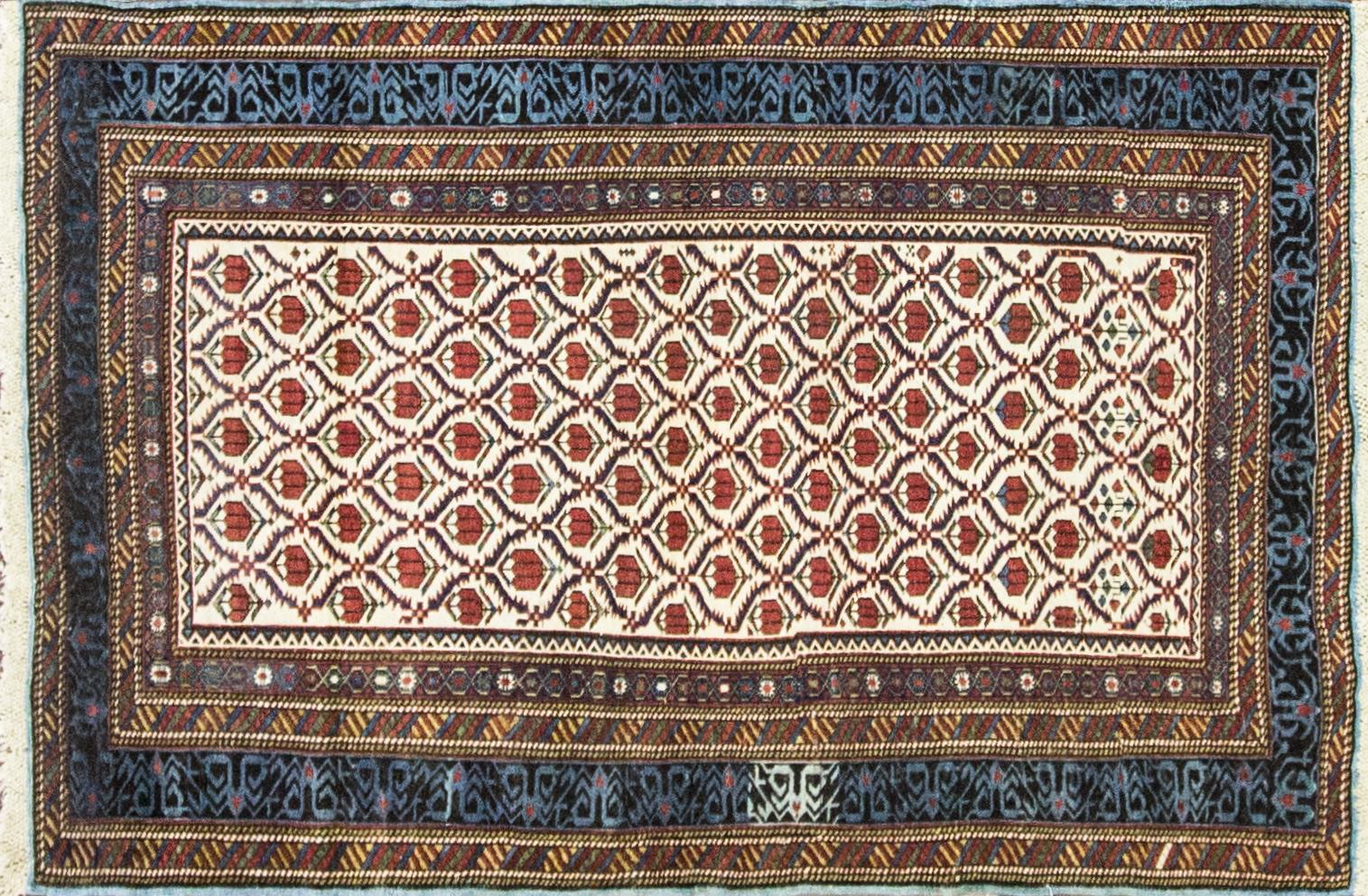 Kazak rugs are primarily produced as village productions rather than city pieces. Made from materials particular to individual tribal provinces, the rugs of the Caucasus normally display bold geometric designs in primary colors. Kazak rugs are a