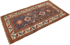Antique Kazak Rug, Hand-Knotted, 7.4 × 4.2 ft – Red, Blue & Ivory