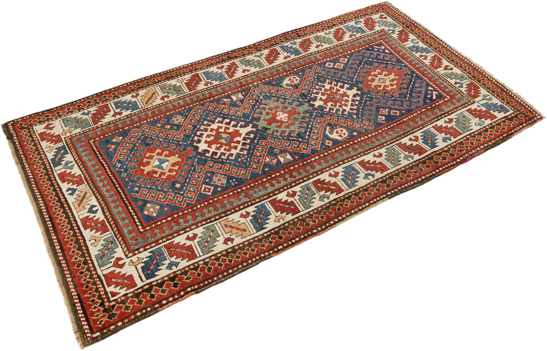 Arménien Tapis Kazak ancien, noué à la main, 7.4 × 4.2 ft - Rouge, bleu et ivoire en vente