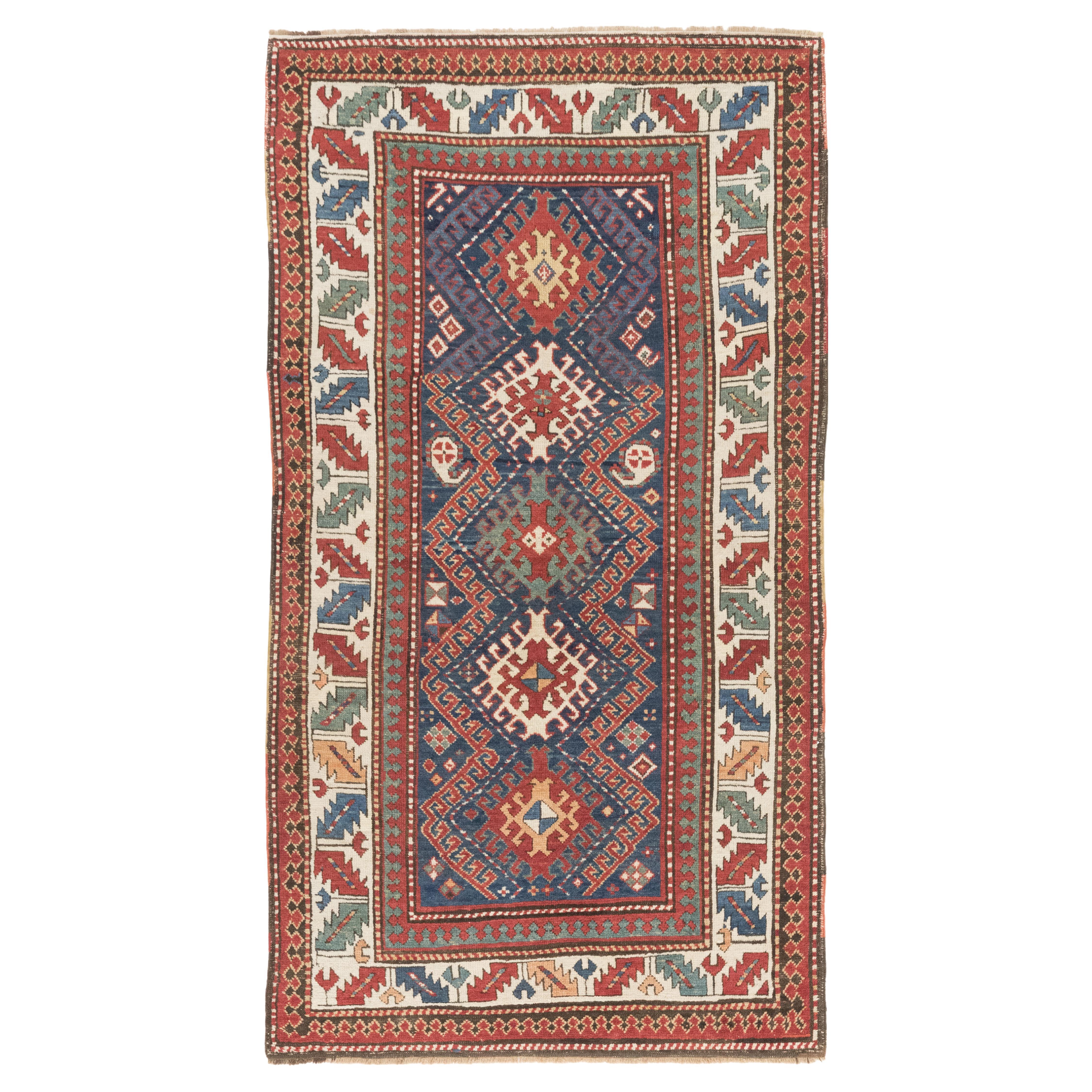 Tapis Kazak ancien, noué à la main, 7.4 × 4.2 ft - Rouge, bleu et ivoire