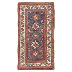 Antique Kazak Rug, Hand-Knotted, 7.4 × 4.2 ft – Red, Blue & Ivory