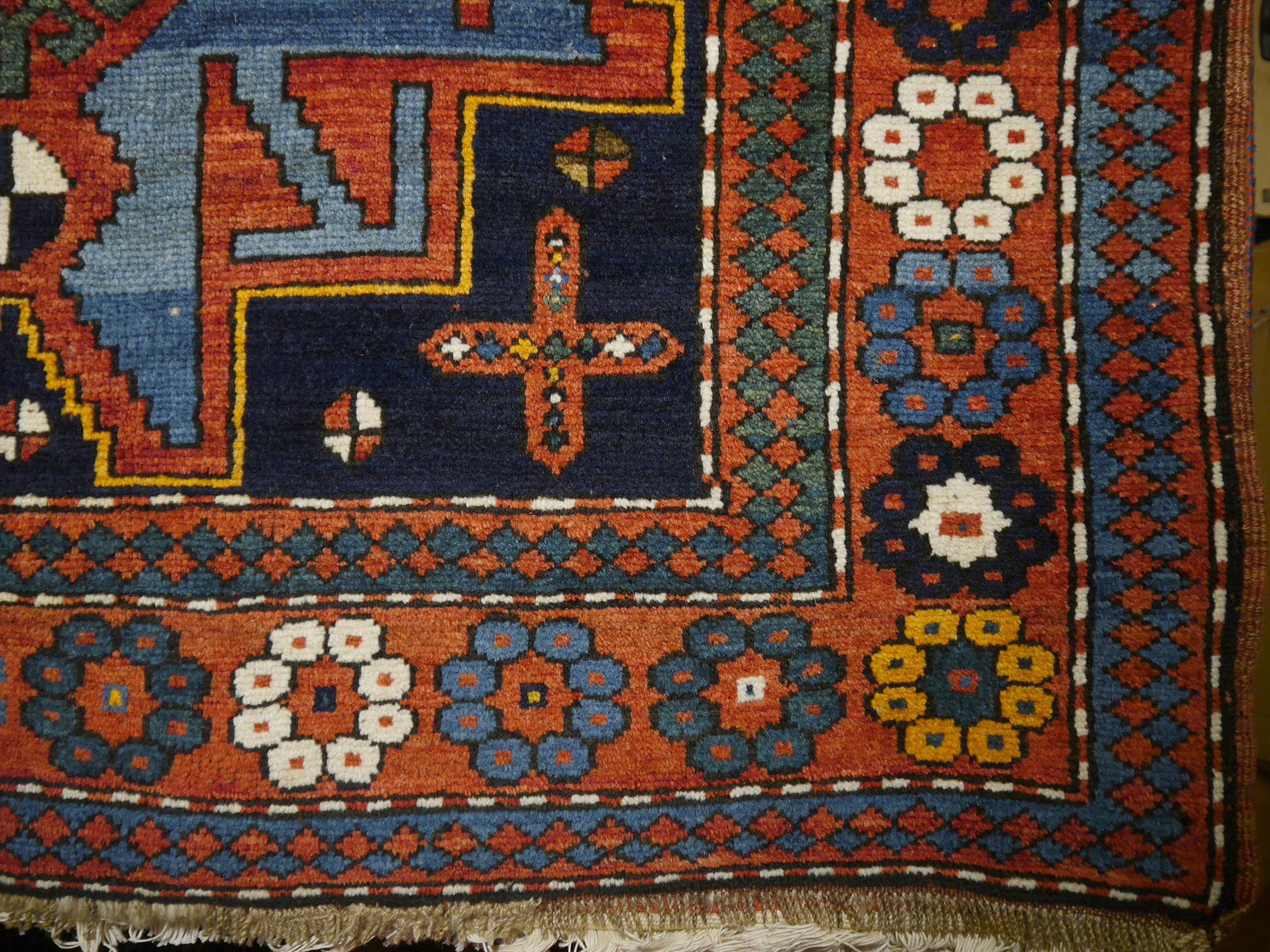 20th Century Antique Kazak Rug Hand Knotted in Azerbaijan with Vegetable Dyes 