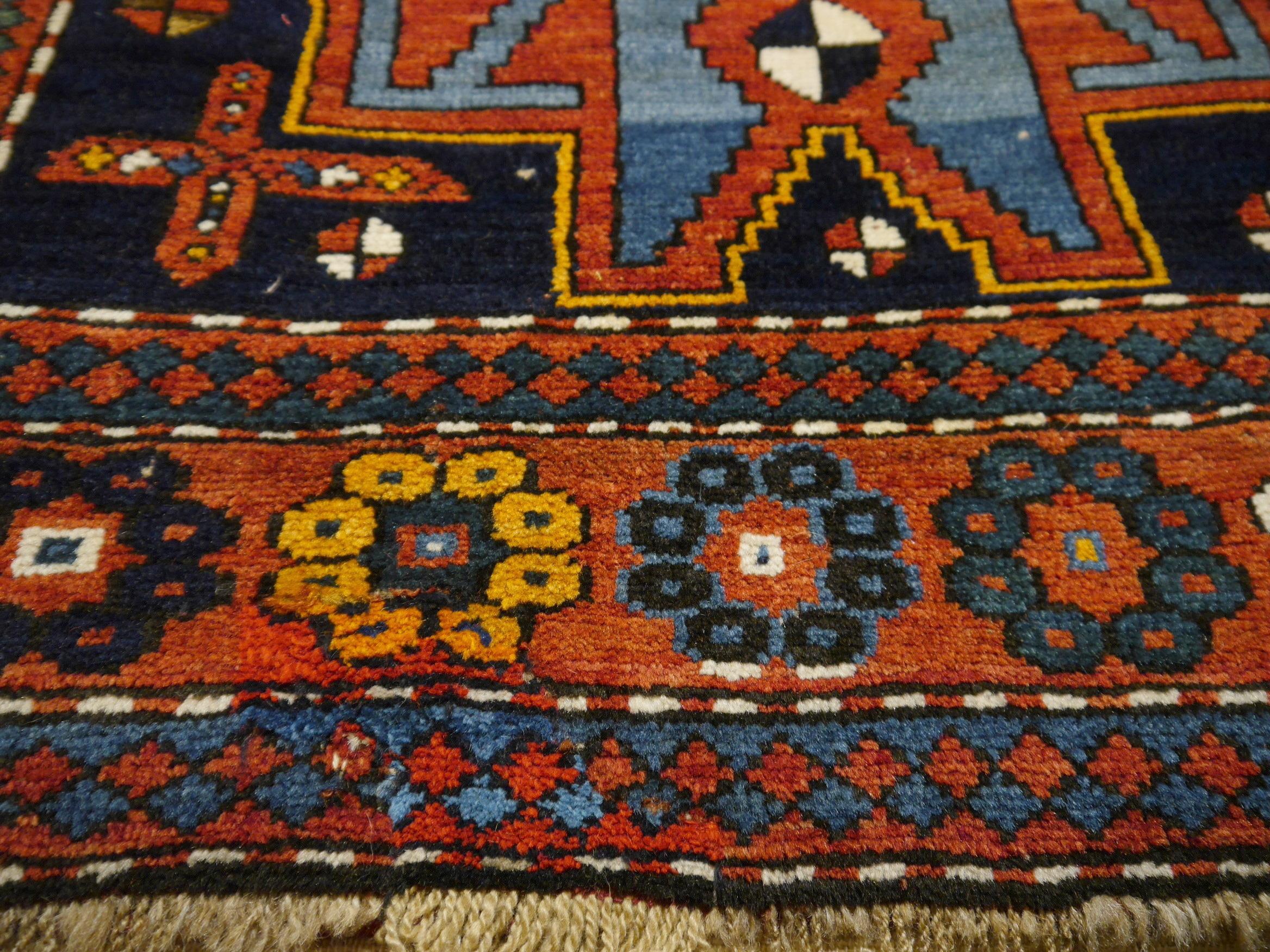 Wool Antique Kazak Rug Hand Knotted in Azerbaijan with Vegetable Dyes 