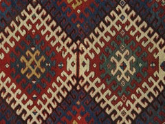 Antique Kazak Rug, Handmade Wool, Gold, Ivory, Navy, Light Blue and Geometric