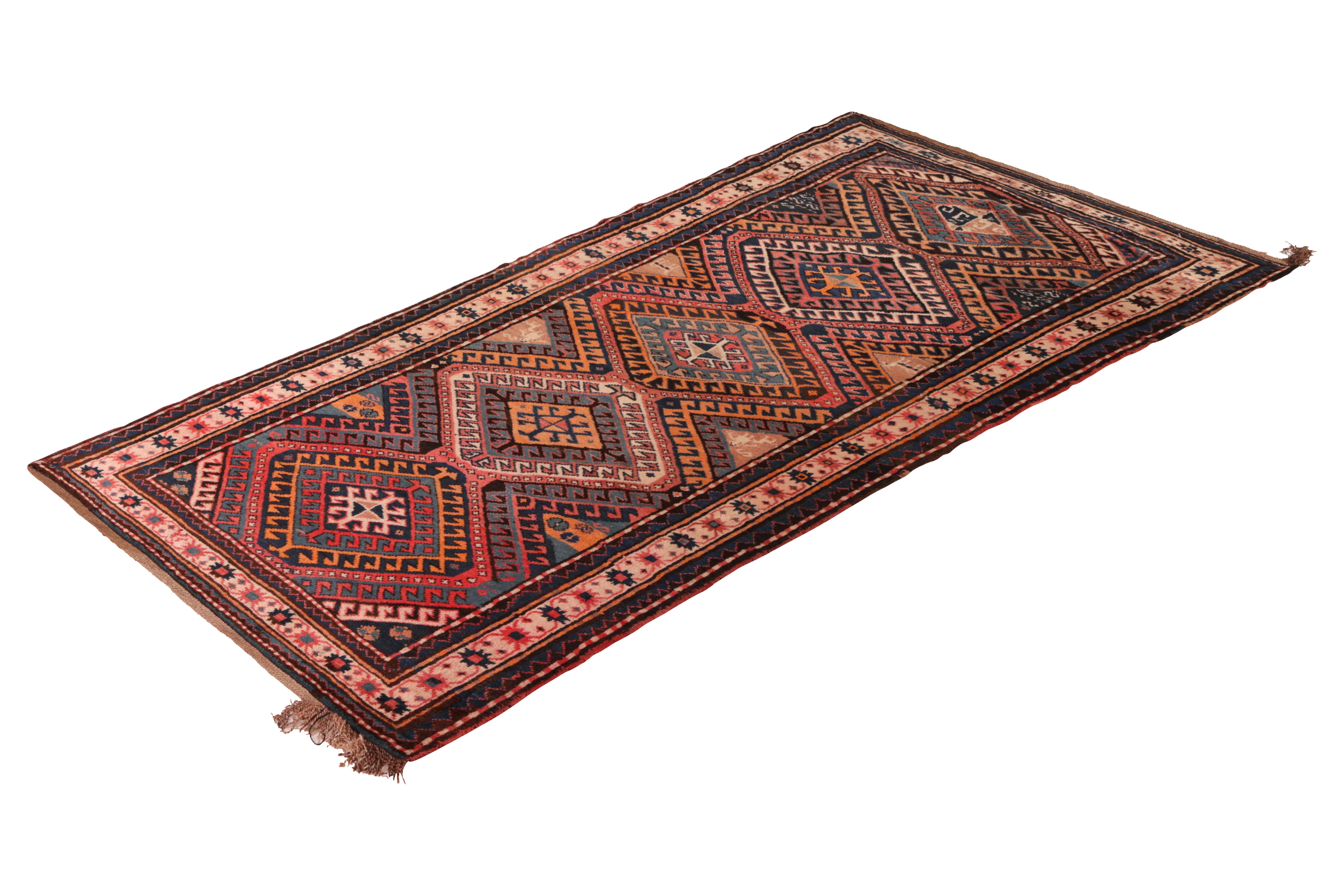 Hand knotted in wool originating from Turkey circa 1910-1920, this antique rug is among the more intriguing Kazak tribal rugs added to our collections with atypical colorway variations like that of this inviting emphasis of pink. An atypically