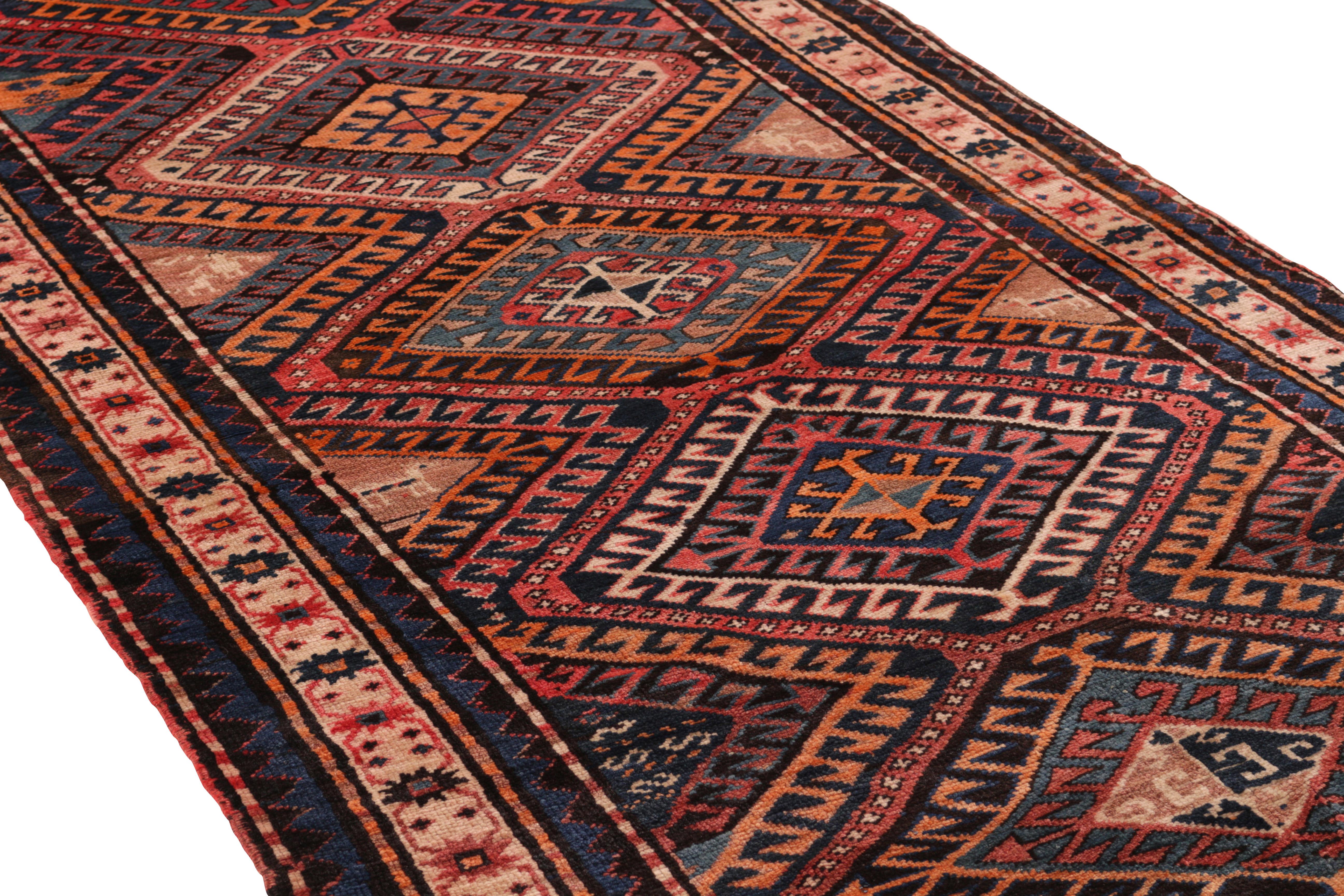 Turkish Antique Kazak Rug Pink and Blue Geometric Tribal Pattern For Sale