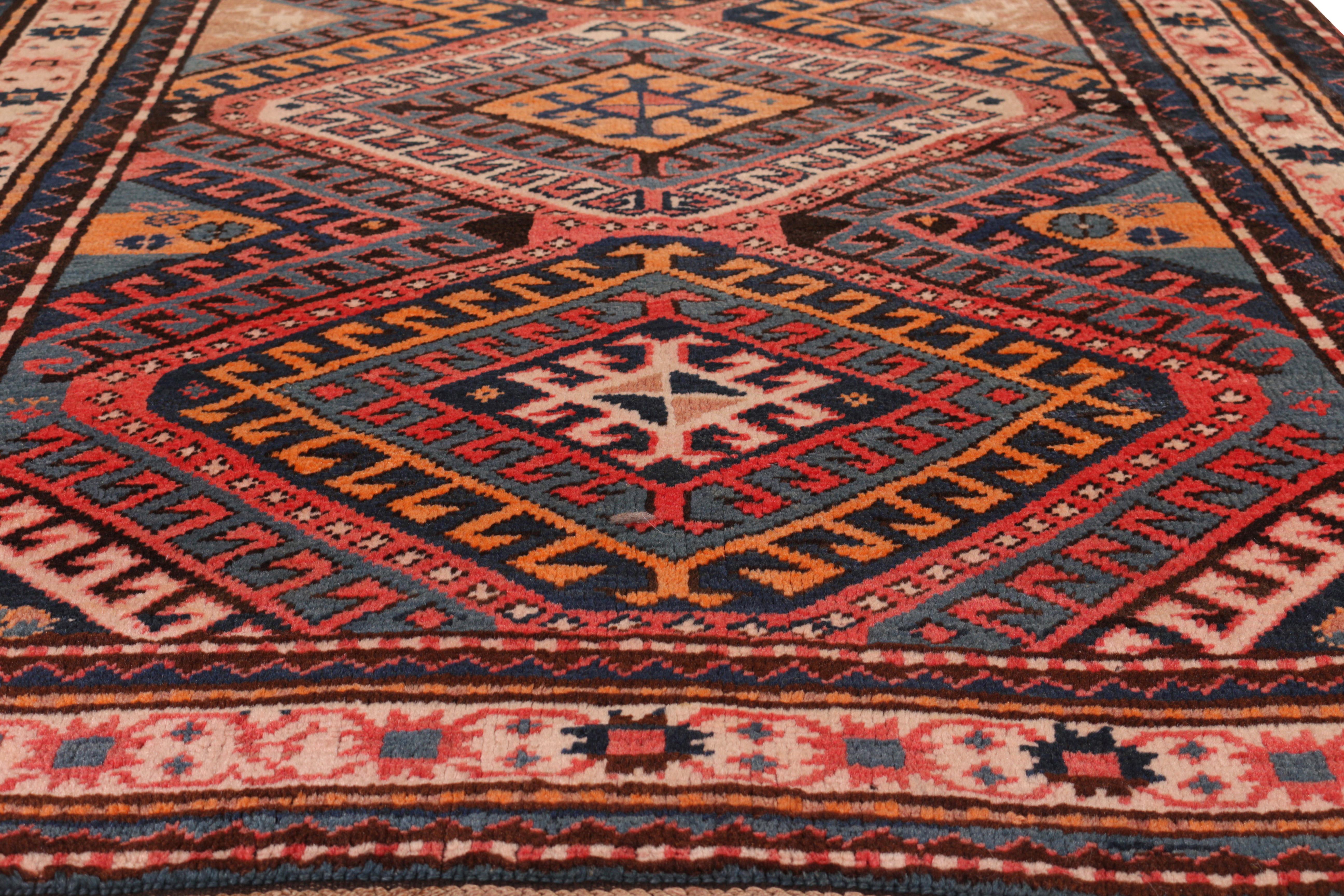 Hand-Knotted Antique Kazak Rug Pink and Blue Geometric Tribal Pattern For Sale
