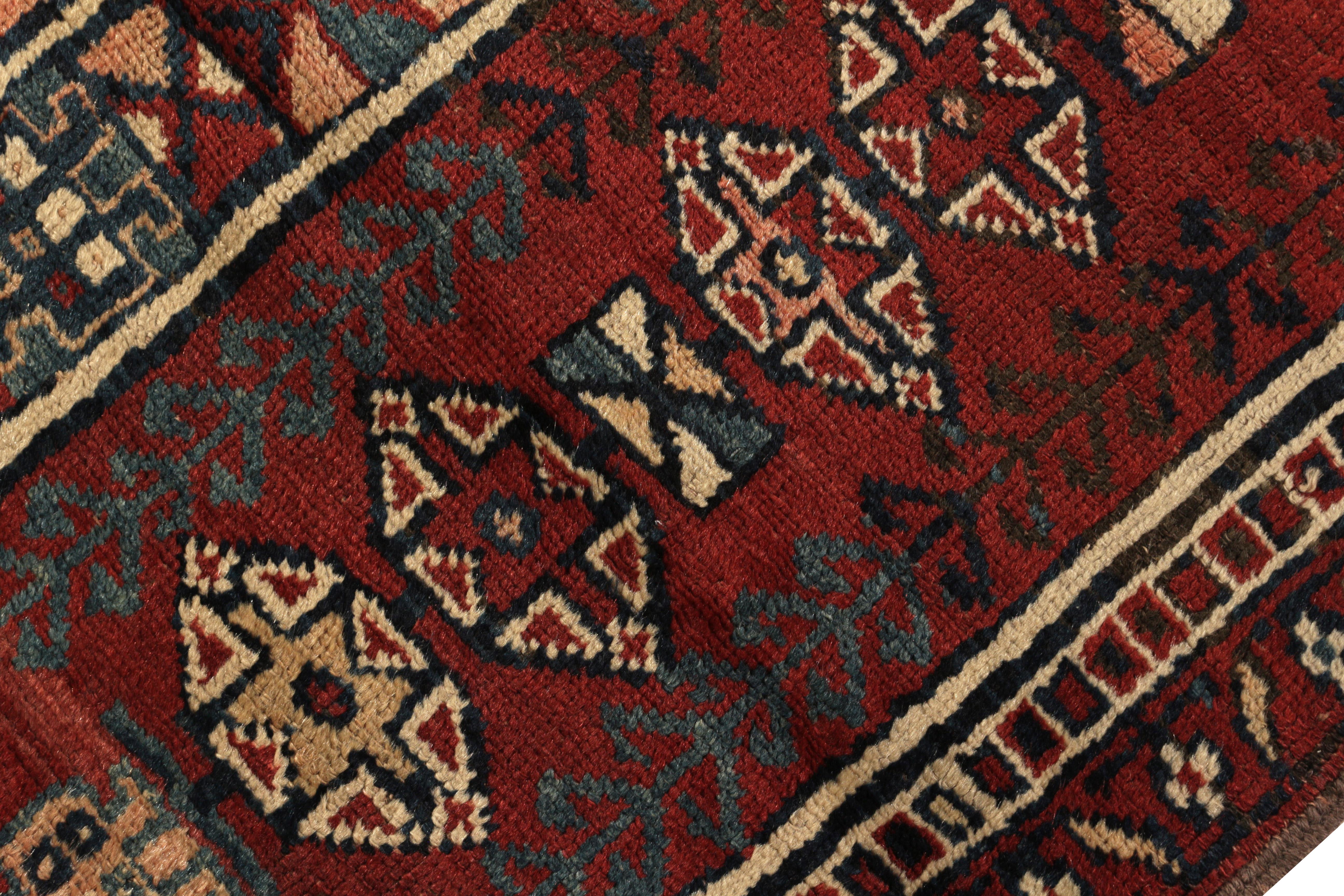 Hand-Knotted Antique Kazak Rug Red and Blue Tribal Pattern by Rug & Kilim For Sale