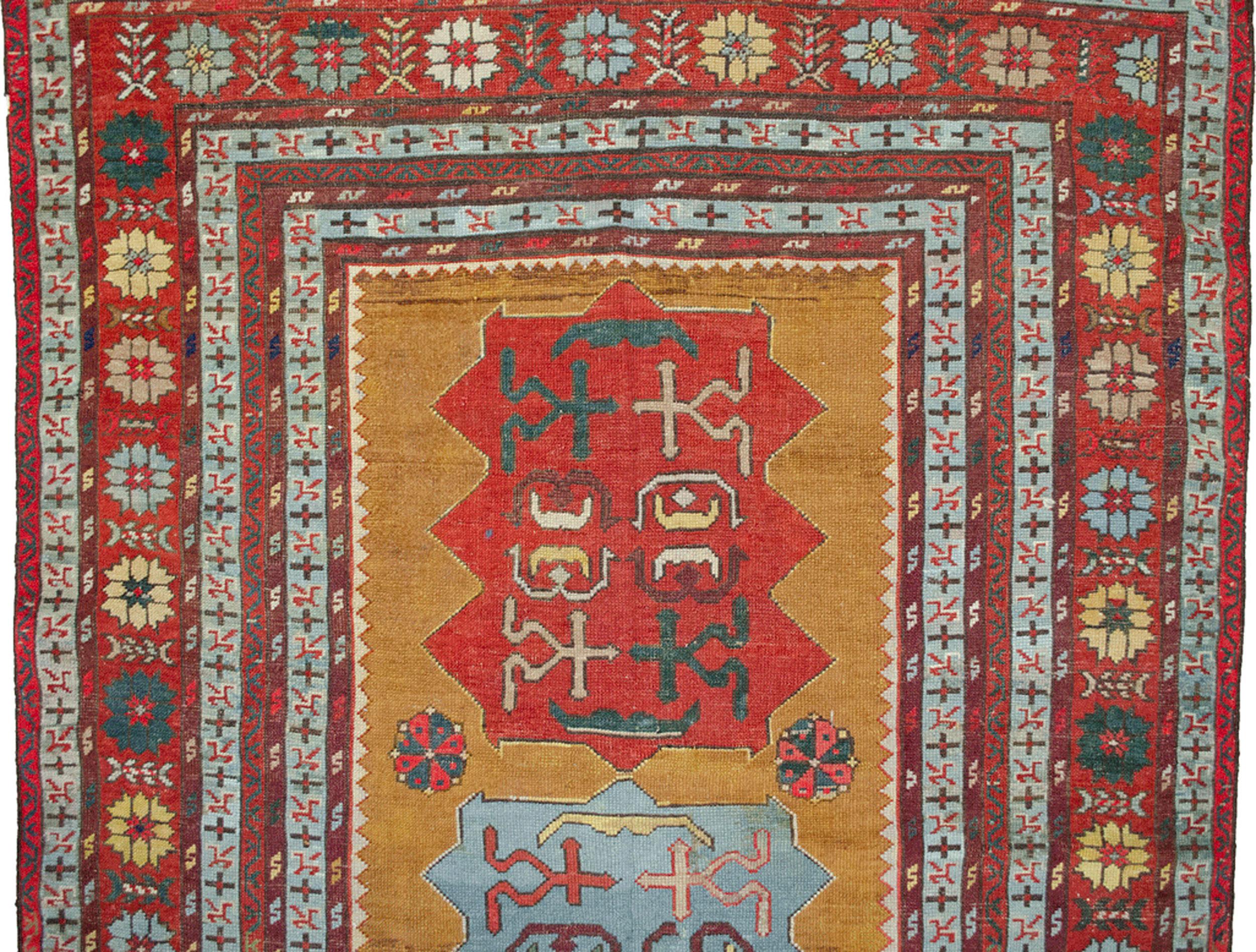 19th Century Antique Kazak Rug, South Caucasus, 205x121cm For Sale