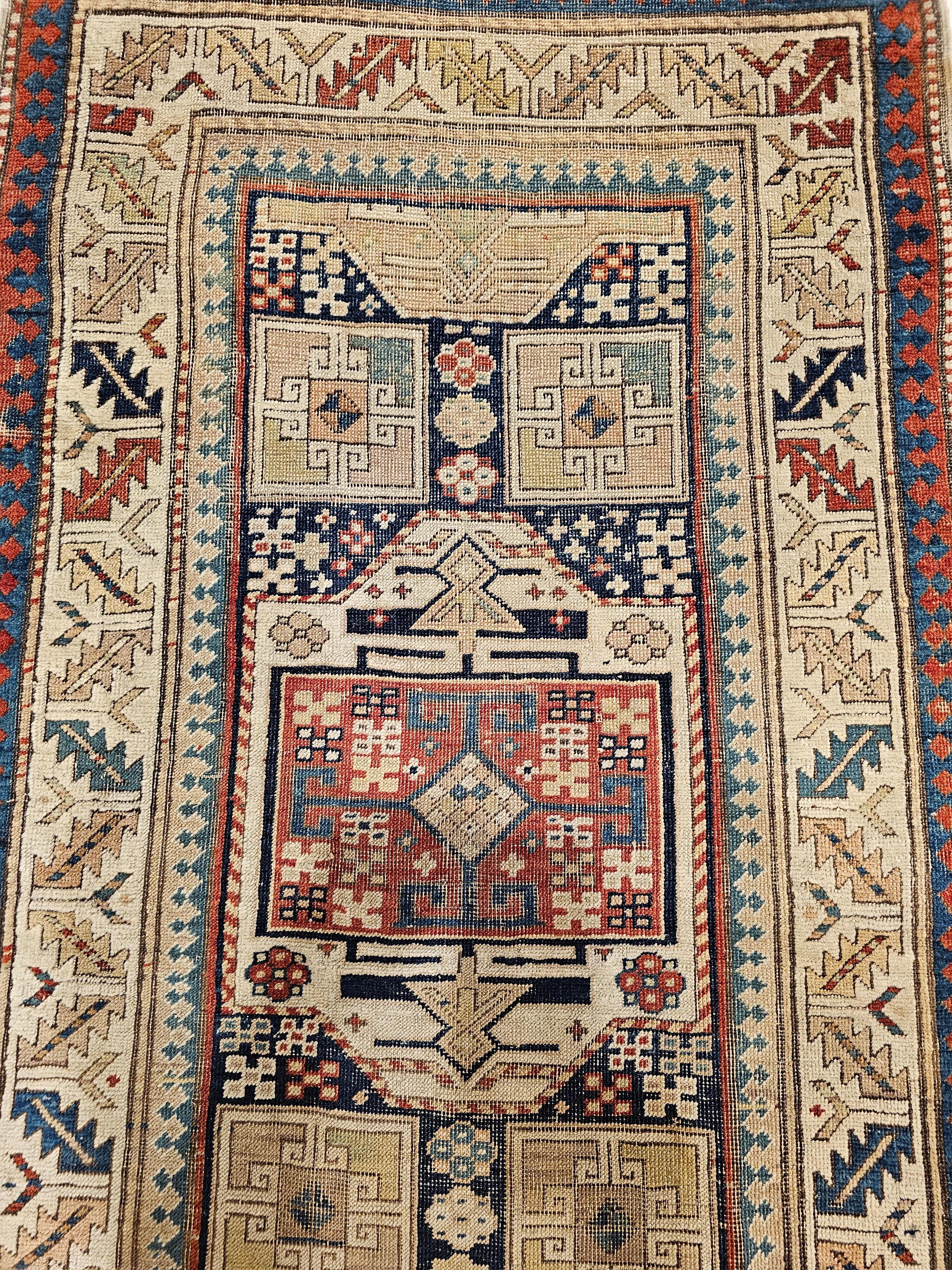 Hand-Knotted 19th Century Caucasian Kazak Runner in Geometric Medallions Pattern in Blue, Red For Sale