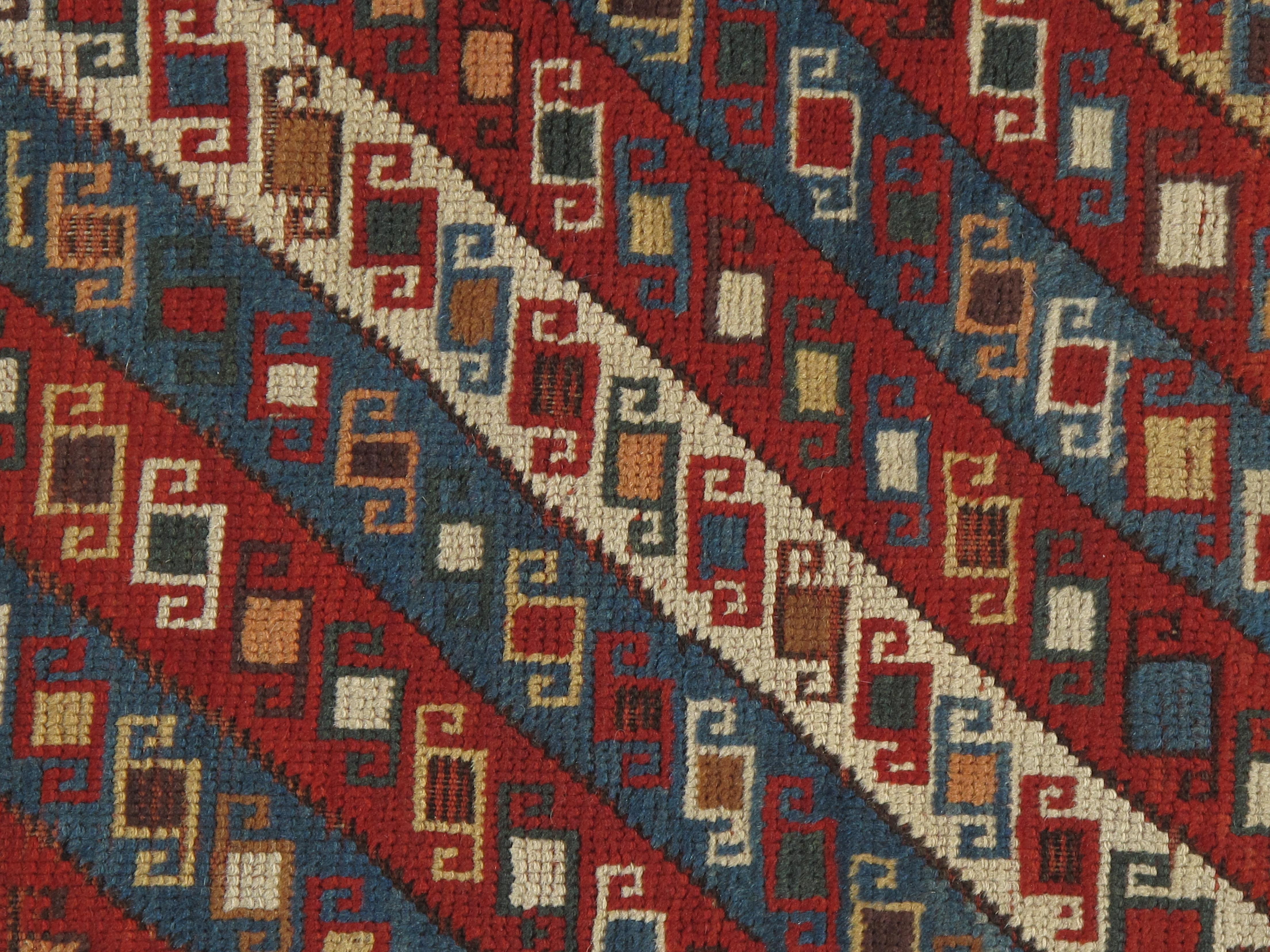 Wool Antique Kazak Runner, Handmade Oriental Rug, Red, Blue, Yellow, Off-White, Green For Sale