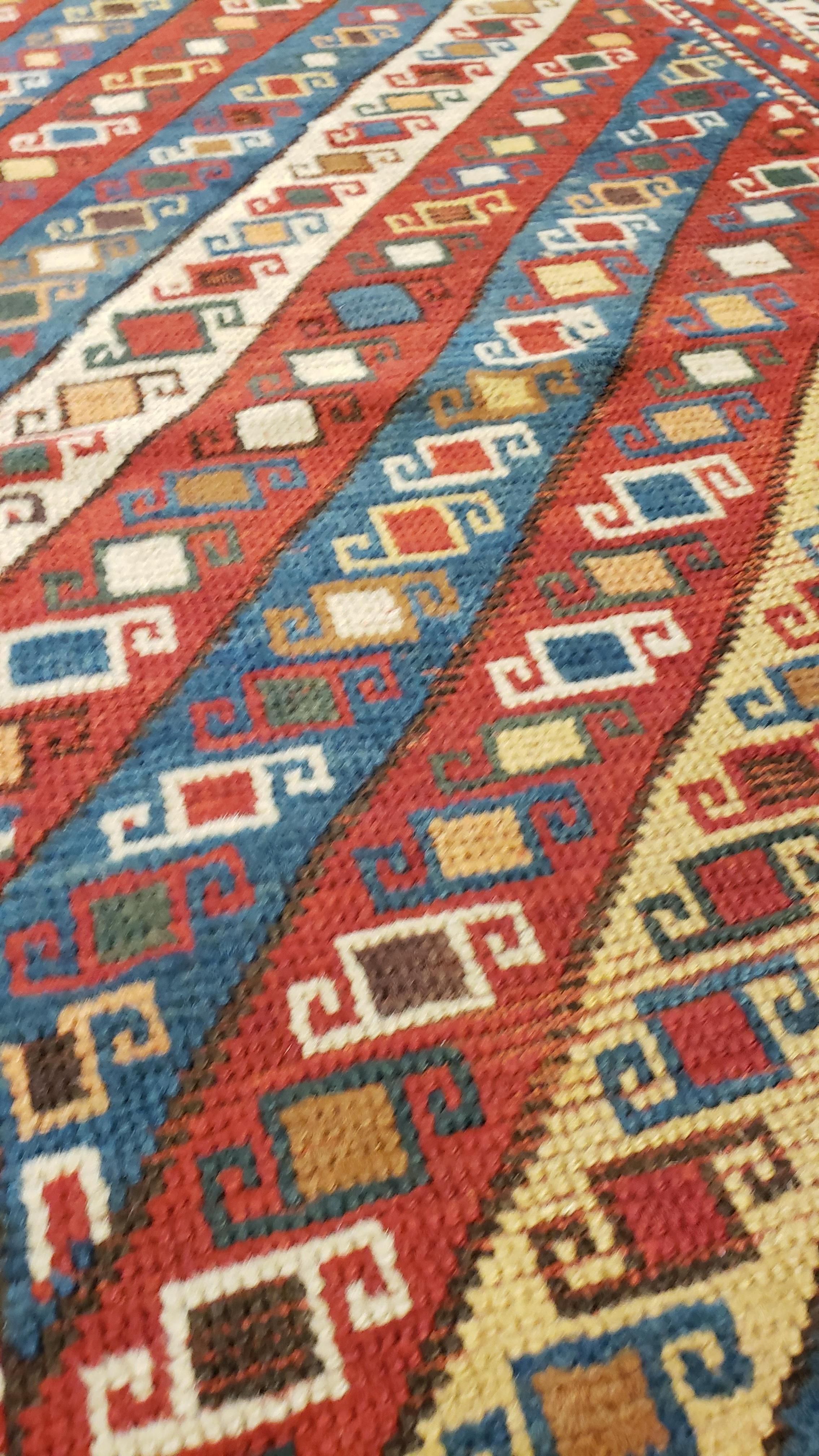 Russian Antique Kazak Runner, Handmade Oriental Rug, Red, Blue, Yellow, Off-White, Green For Sale