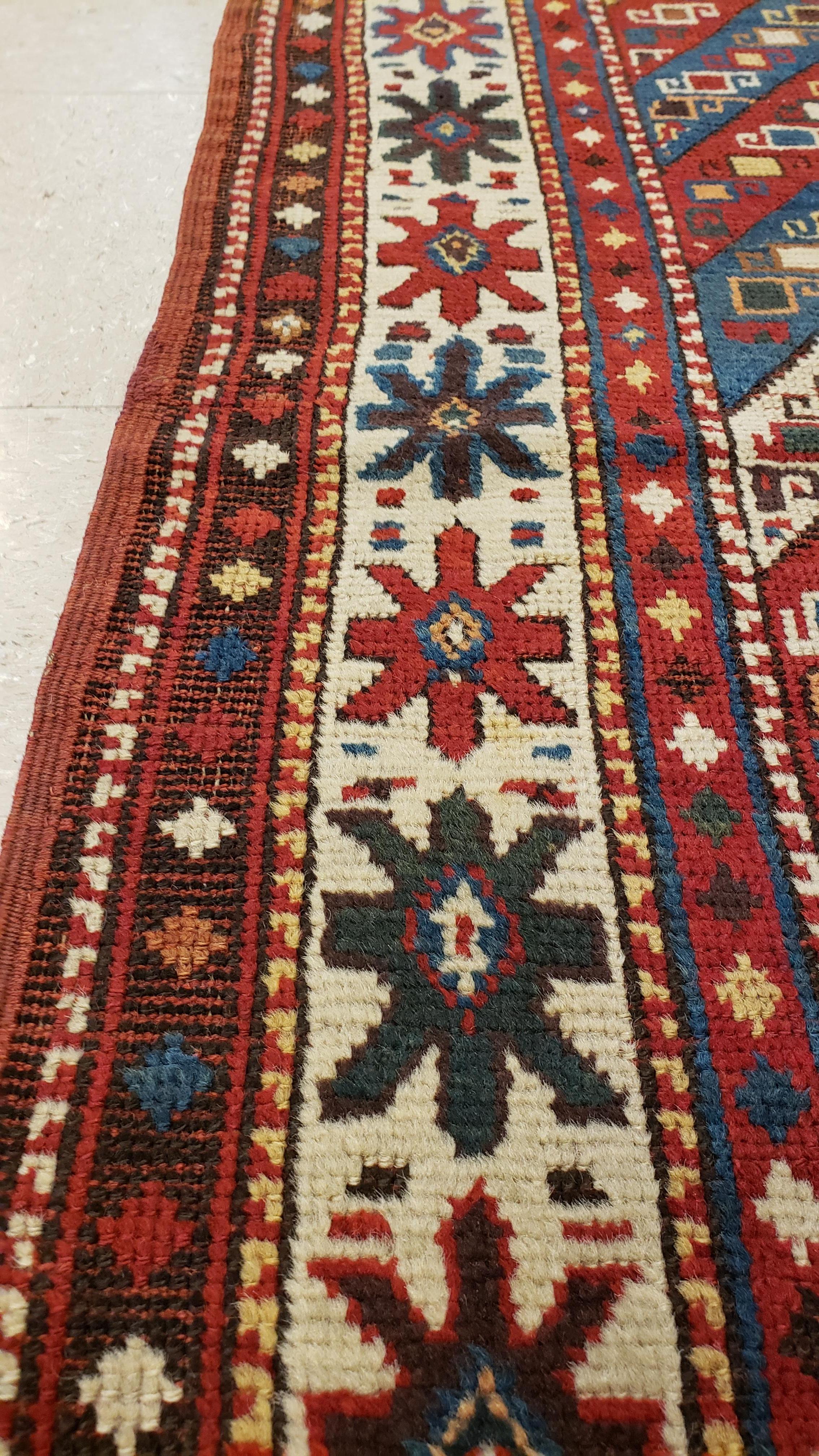 Hand-Knotted Antique Kazak Runner, Handmade Oriental Rug, Red, Blue, Yellow, Off-White, Green For Sale