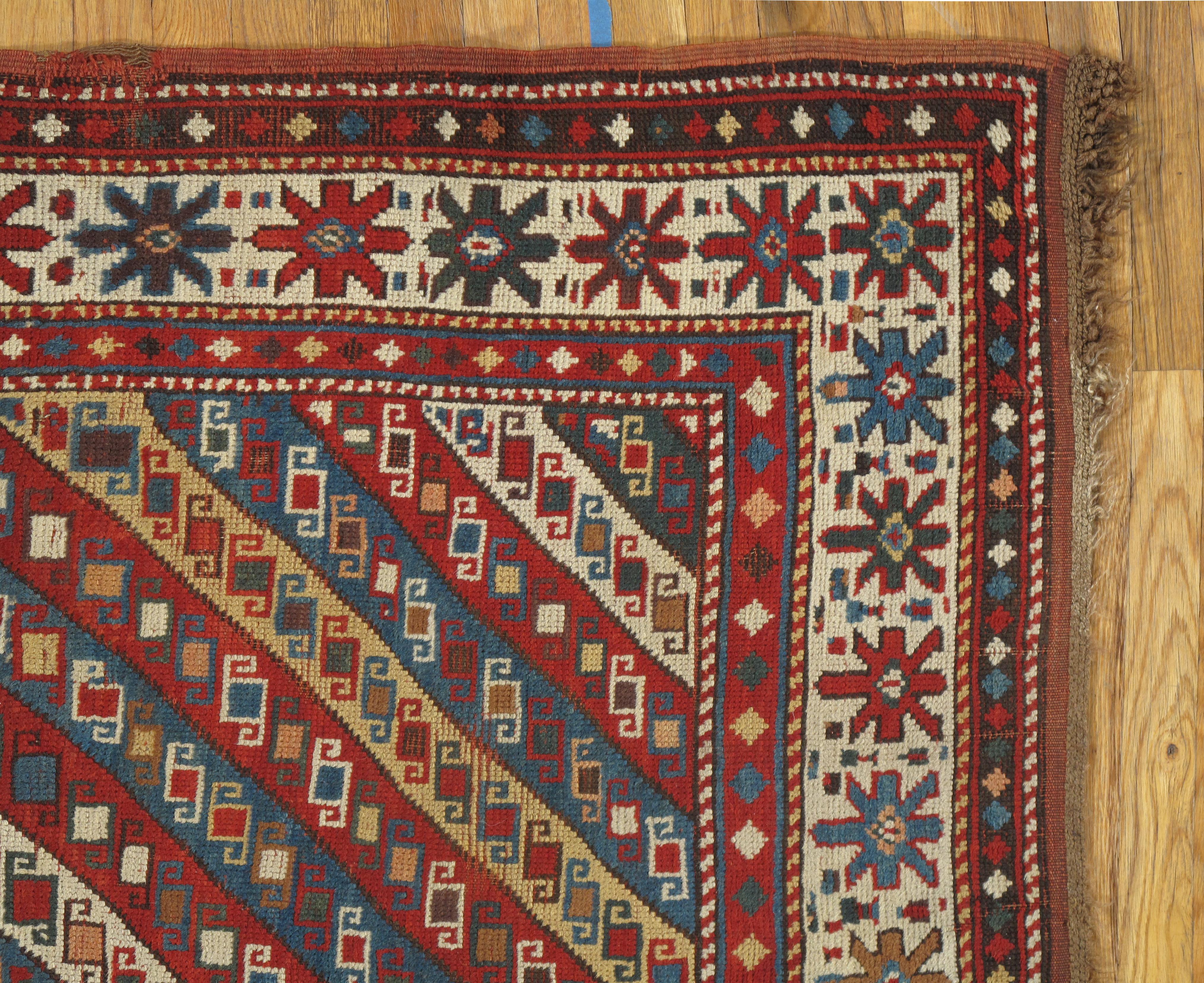 19th Century Antique Kazak Runner, Handmade Oriental Rug, Red, Blue, Yellow, Off-White, Green For Sale