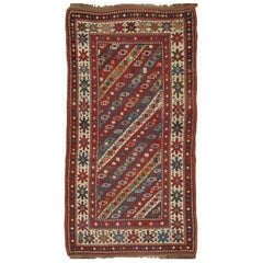 Tapis de couloir Kazak ancien, fabriqué à la main, rouge, bleu, jaune, blanc cassé, vert