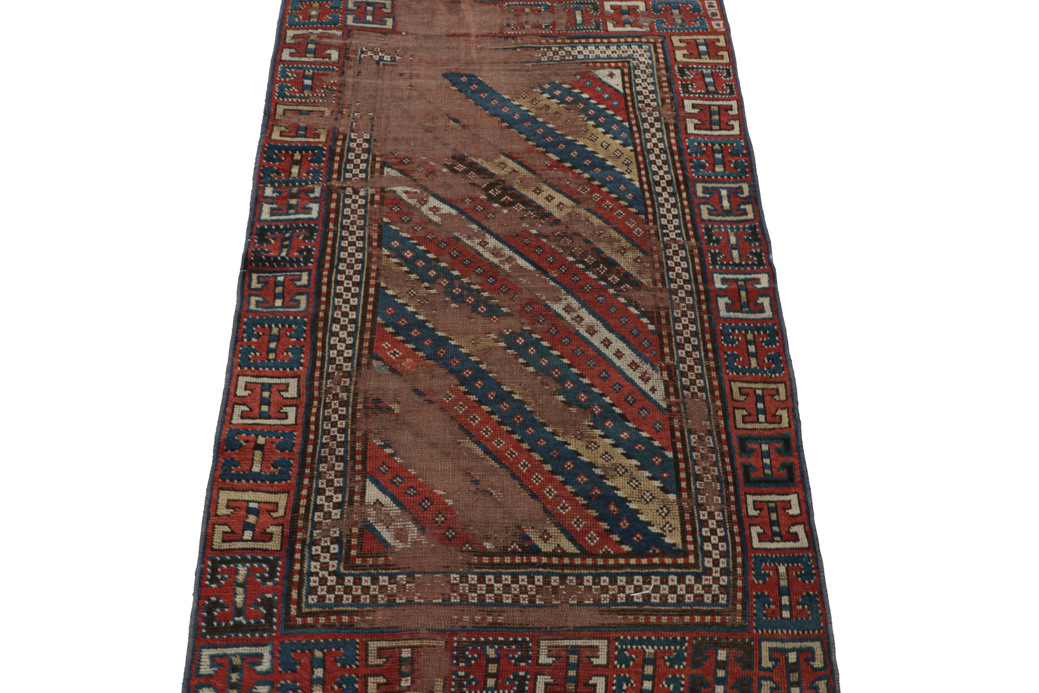 Tribal Antique Kazak Runner Rug with Red & Blue Geometric Patterns, from Rug & Kilim For Sale