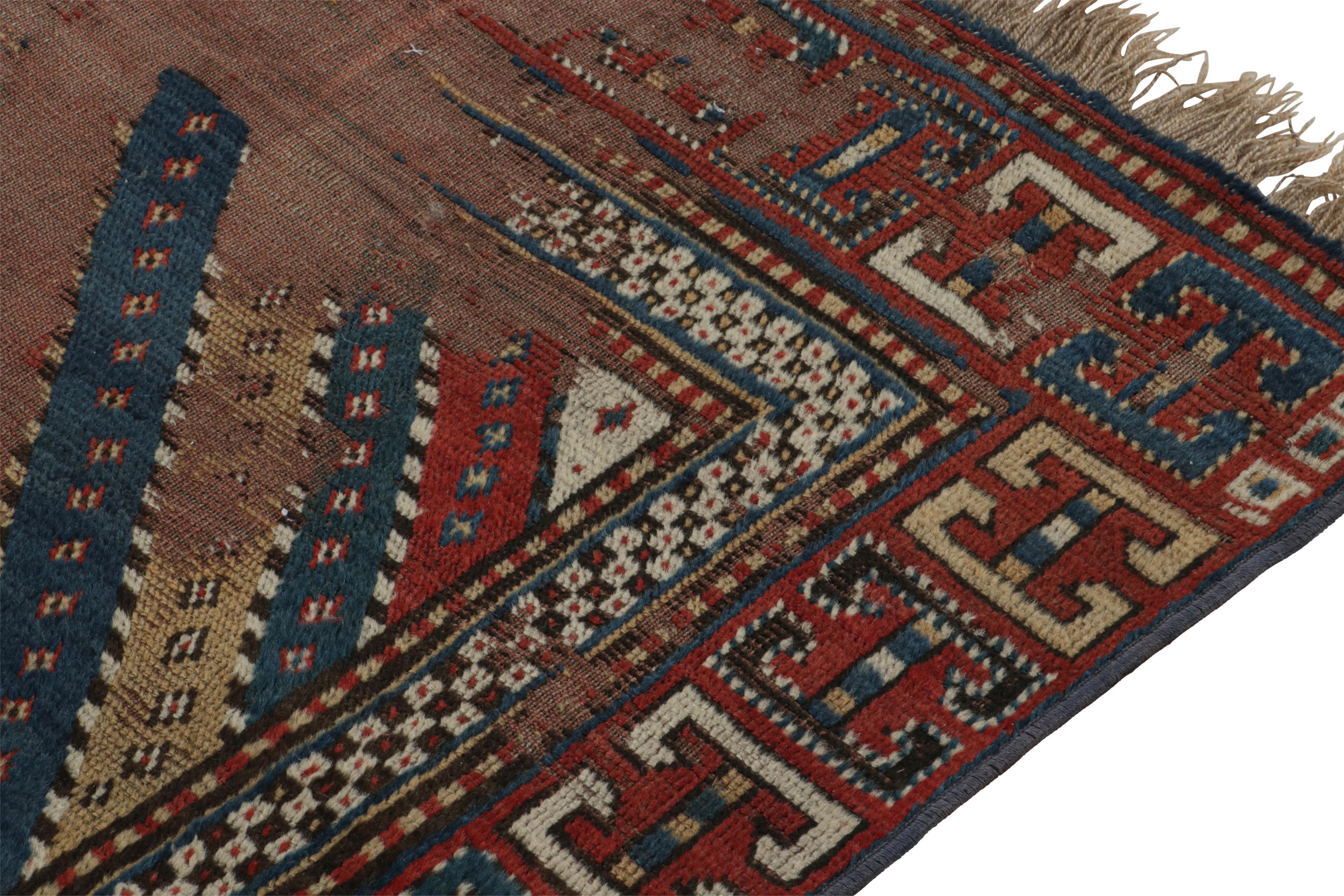 Hand-Knotted Antique Kazak Runner Rug with Red & Blue Geometric Patterns, from Rug & Kilim For Sale