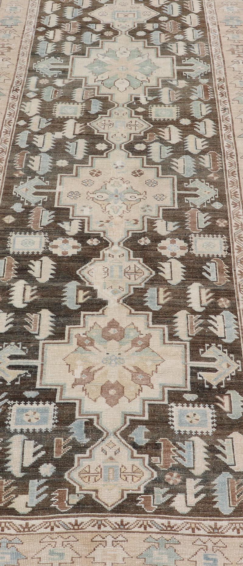 Antique Kazak Runner with Geometric Design and Medallions on a Brown Field In Good Condition In Atlanta, GA