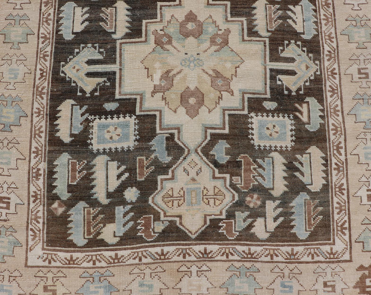 Antique Kazak Runner with Geometric Design and Medallions on a Brown Field 2