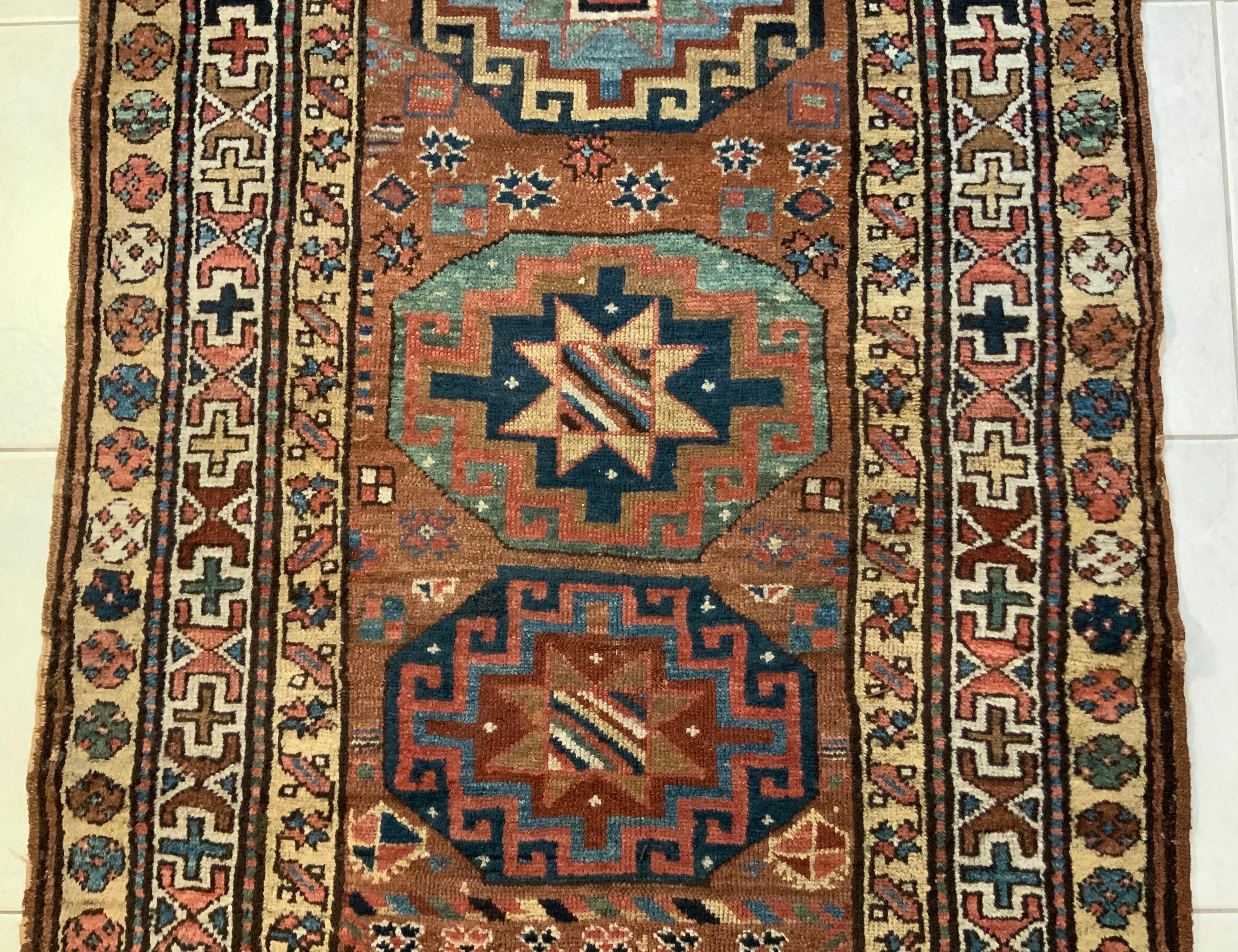 Antique Kazak Runner with Six Medallions In Good Condition In Delray Beach, FL