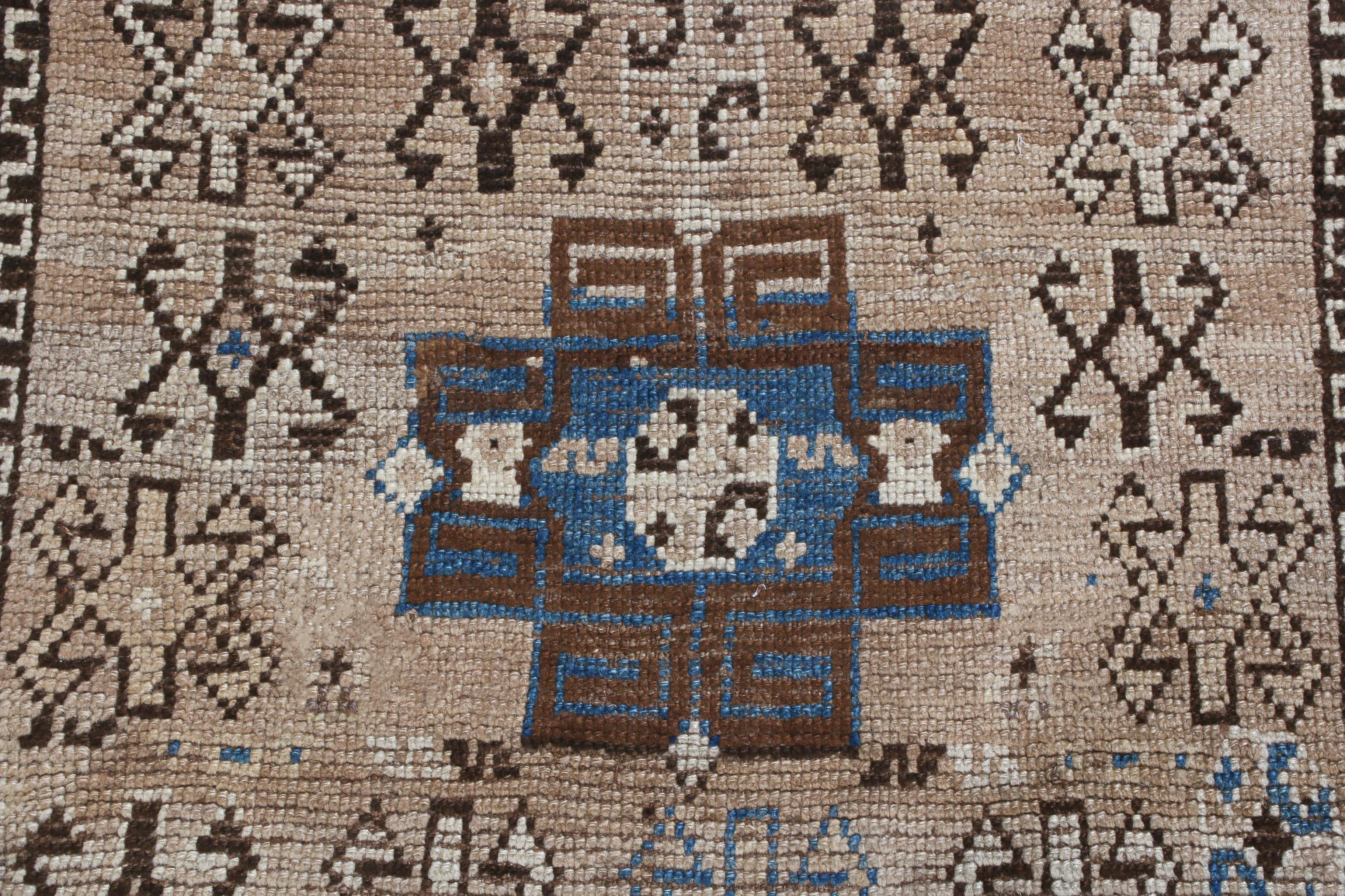 Art Deco Antique Kazak Traditional Geometric Beige and Blue Wool Rug by Rug & Kilim For Sale