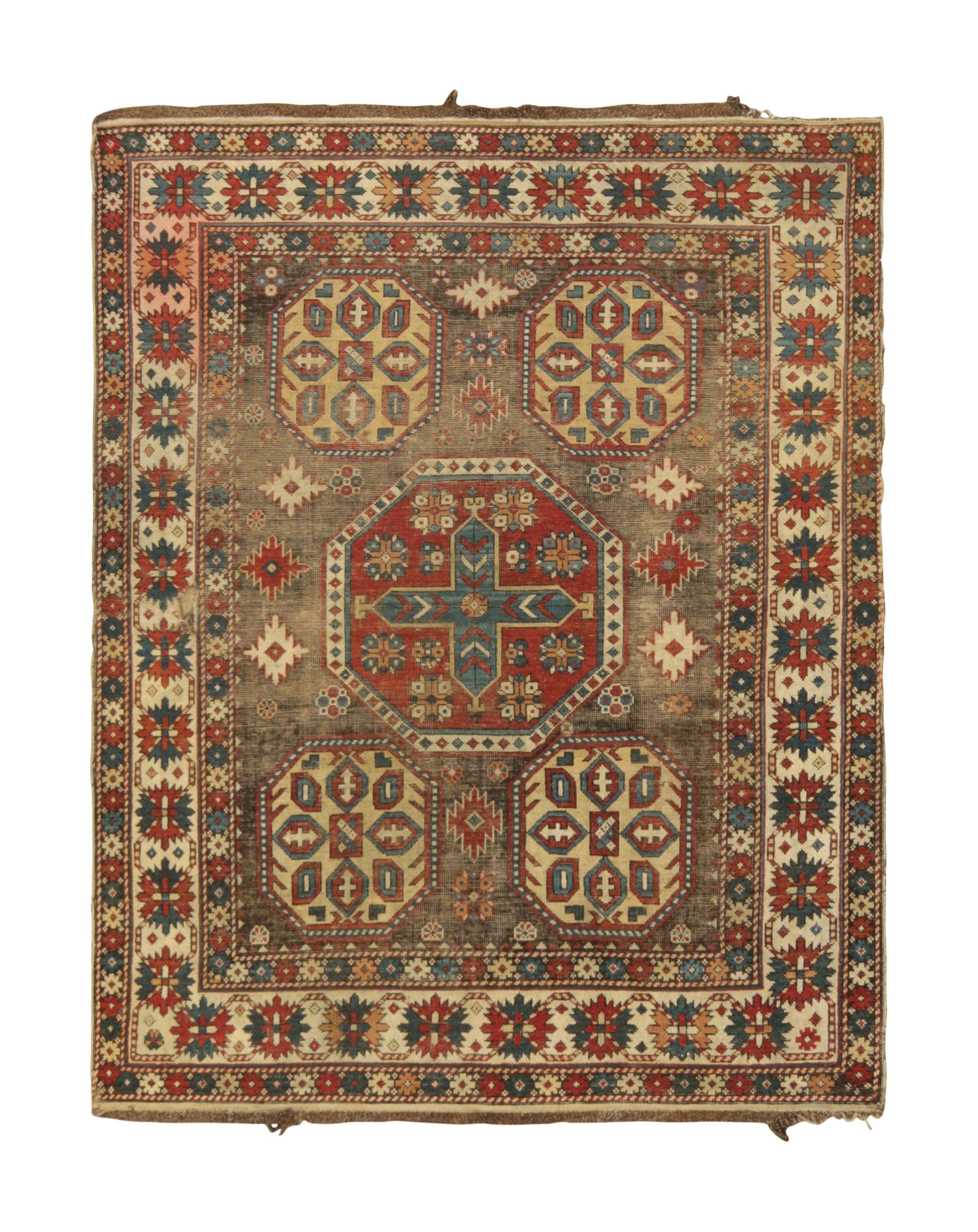 Antiker Kazak-Stammesteppich in Brown mit geometrischen Mustern, von Rug & Kilim im Angebot