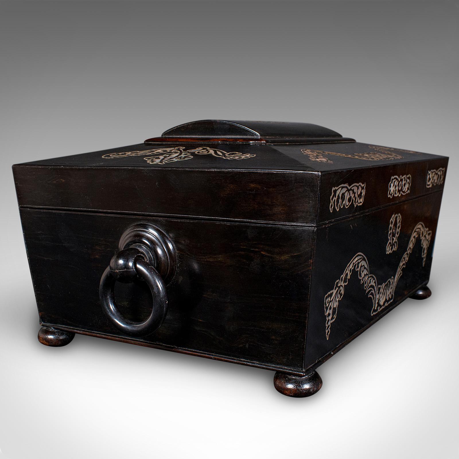 Caja de Recuerdos Antigua, Inglesa, Coromandel, Estuche de Papelería con Incrustaciones, Regencia, 1830 en venta 4